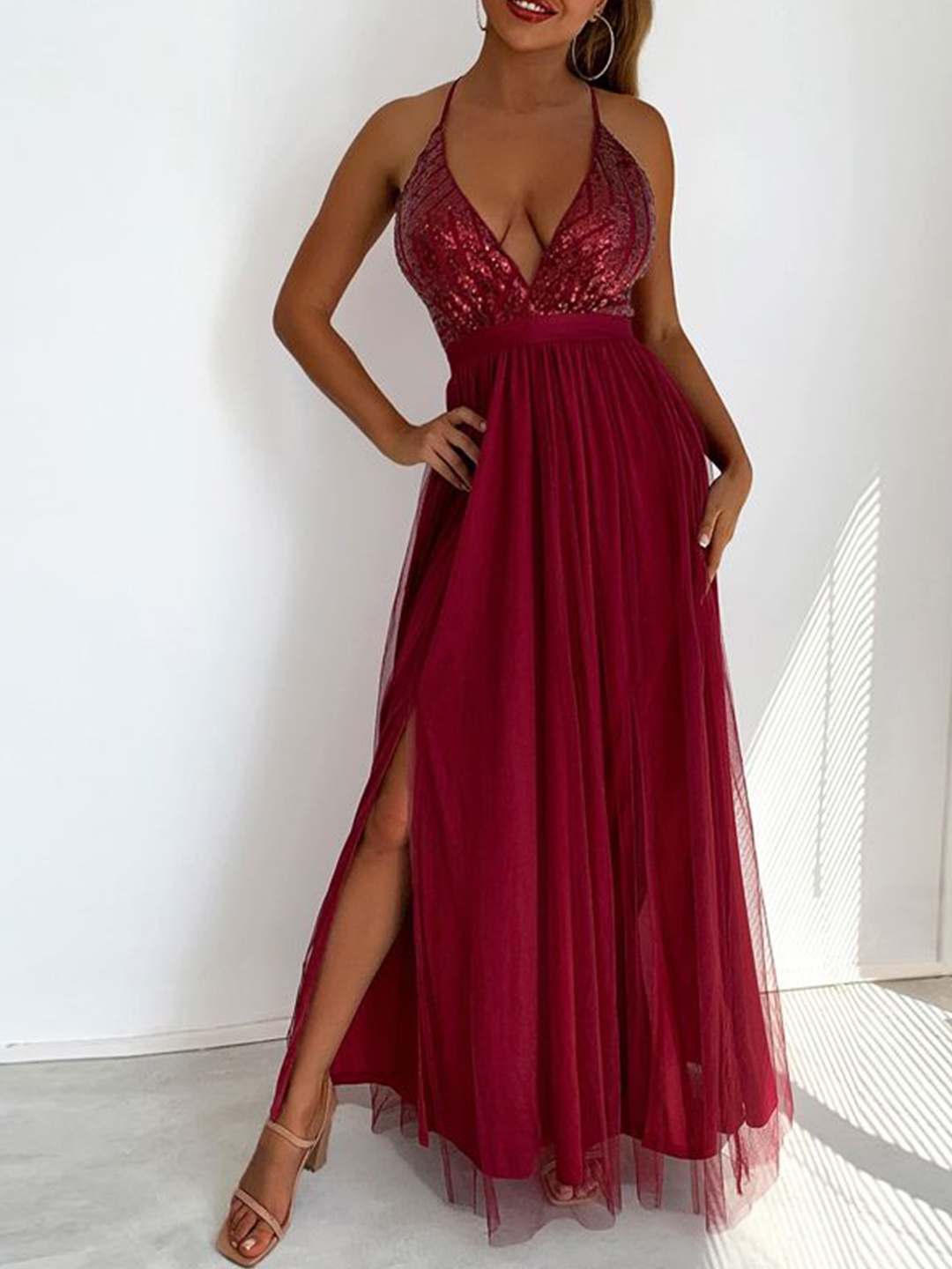 

JC Mode Halter Neck Maxi Dress, Maroon