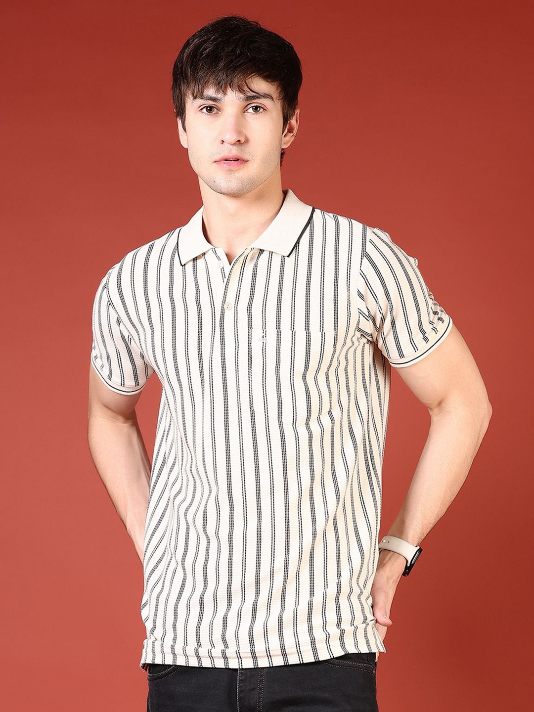 

V-Mart Men Striped Polo Collar Drop-Shoulder Sleeves Pockets Slim Fit T-shirt, Off white