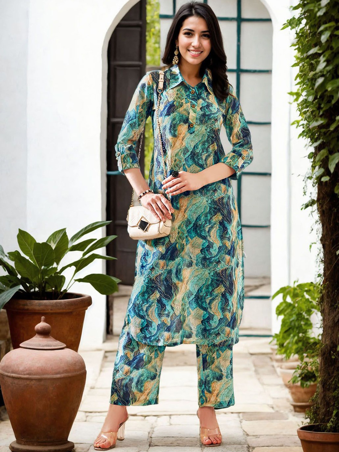 

Moda Rapido Abstract Printed Shirt Collar Straight Kurta With Palazzos, Green