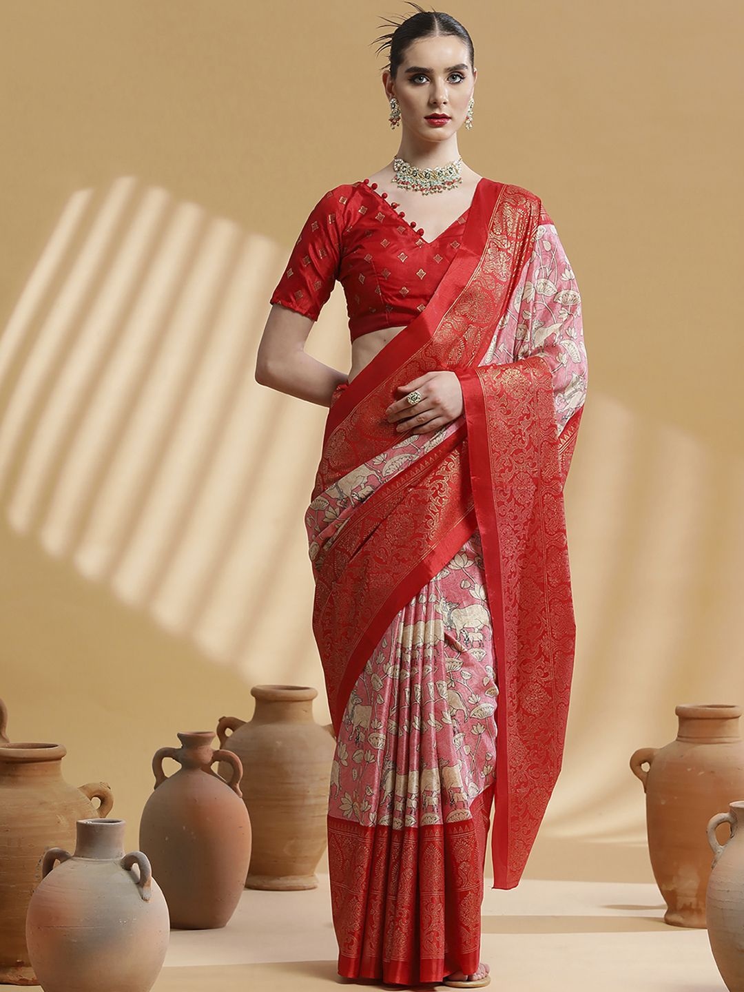 

Anouk Rustic Kalamkari Zari Silk Blend Bagh Saree, Red