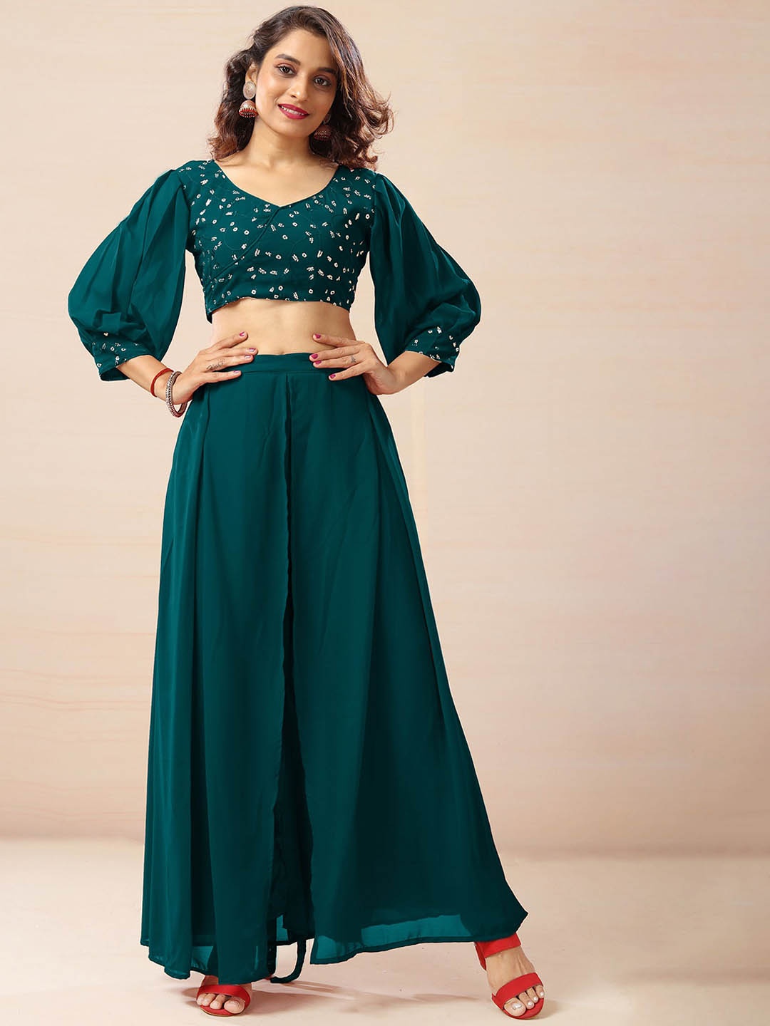 

SANCIA Ethnic Motifs Embroidered Sequinned Top with Palazzos, Teal