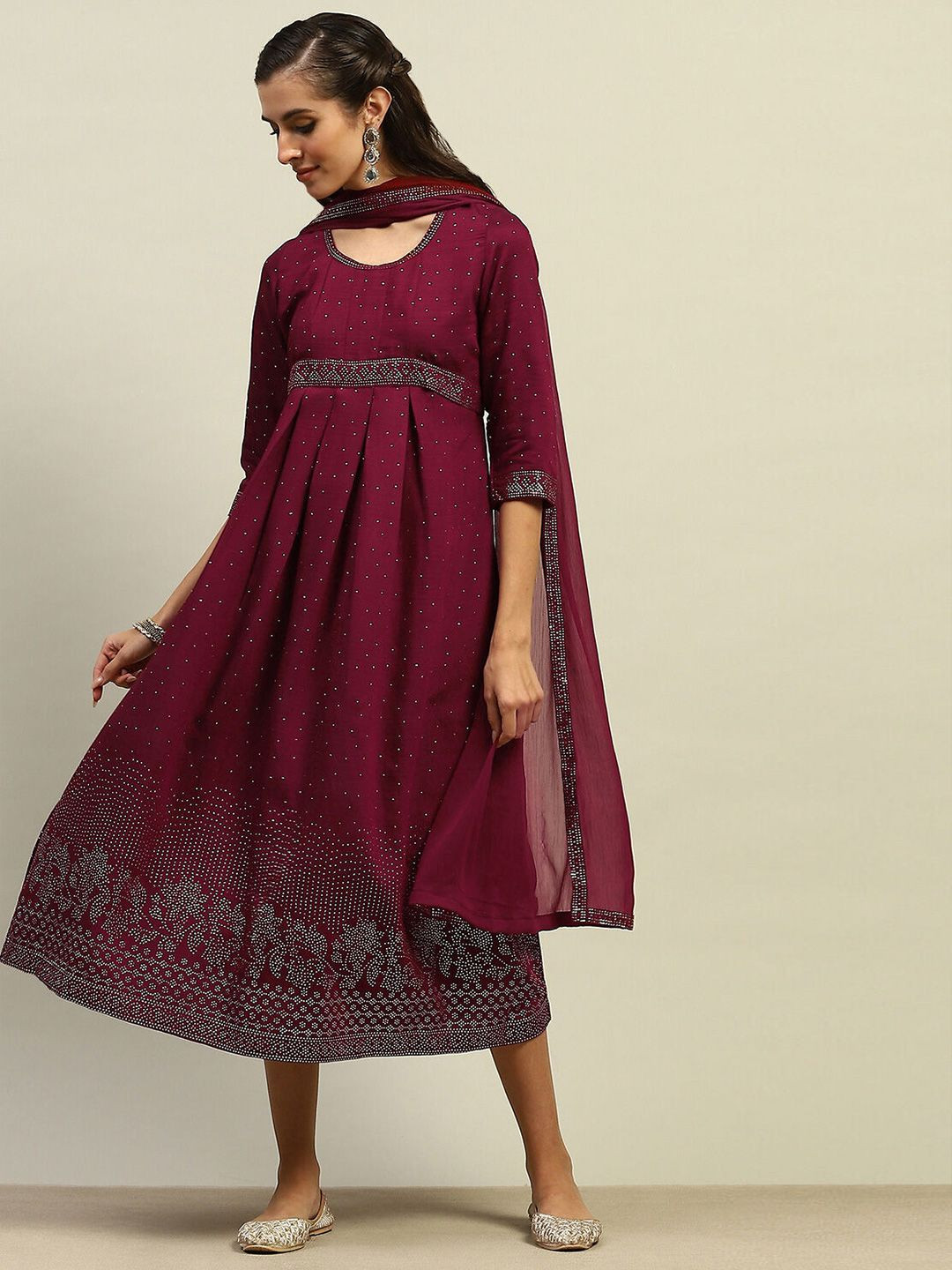 

Rangriti Ethnic Motifs Print Formal Empire Midi Dress, Red