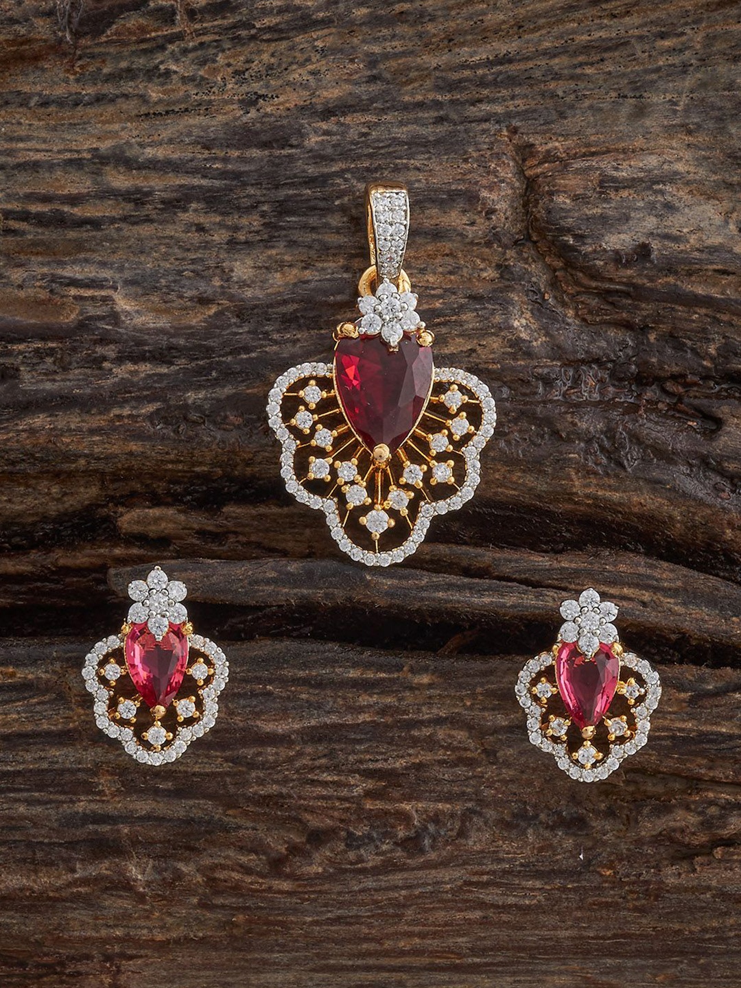 

Kushal's Fashion Jewellery Ruby Rhodium Gold-Plated Party Zircon Pendant Set