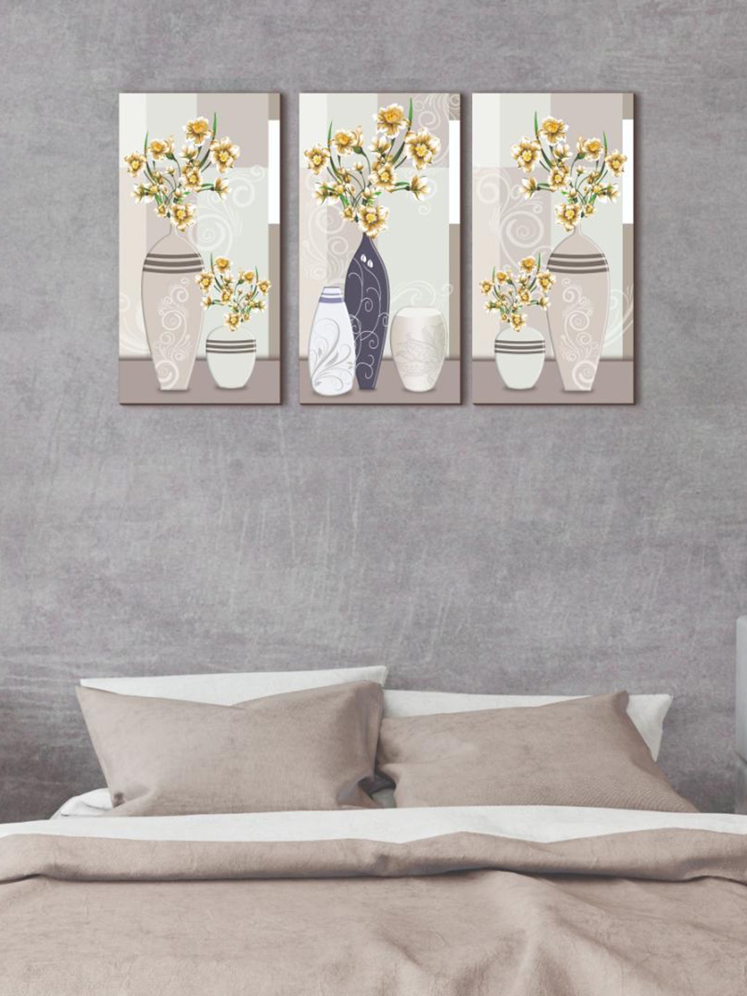 

CVANU Off White & Grey 3 Pieces Flower Vase Printed Wooden Wall Art