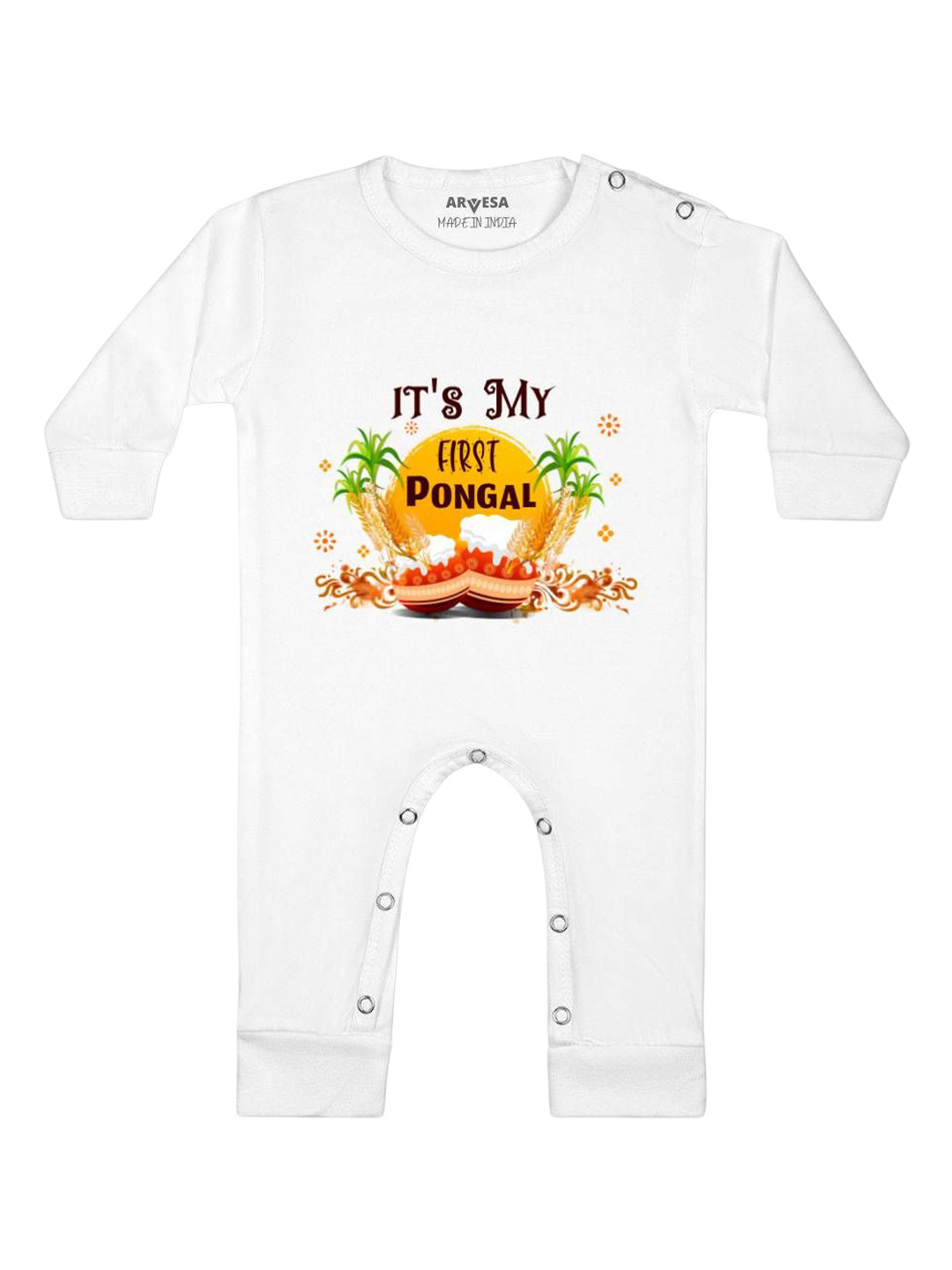 

Arvesa First Pongal Printed Baby Romper, White