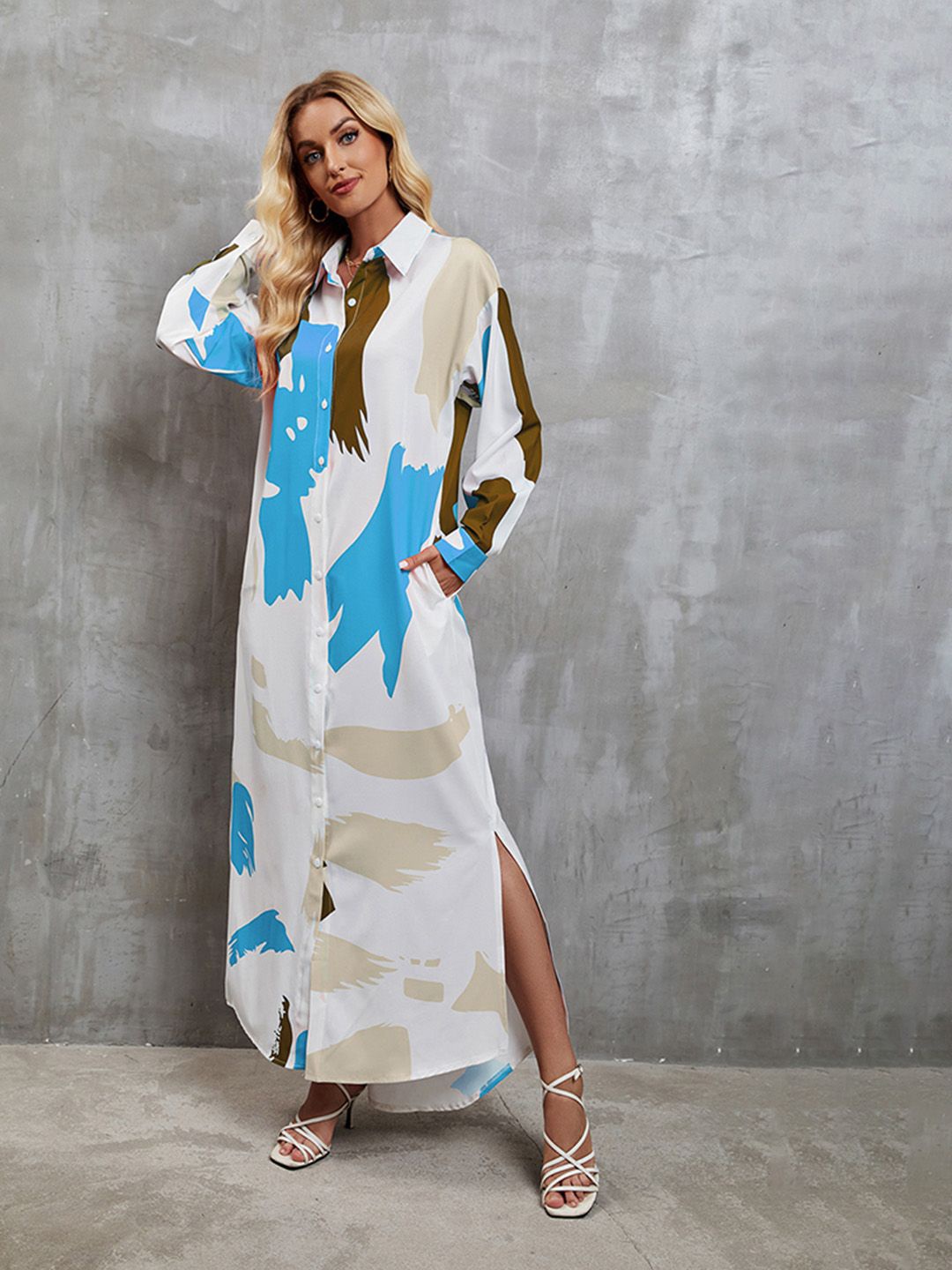 

JC Mode Print Shirt Maxi Dress, Blue