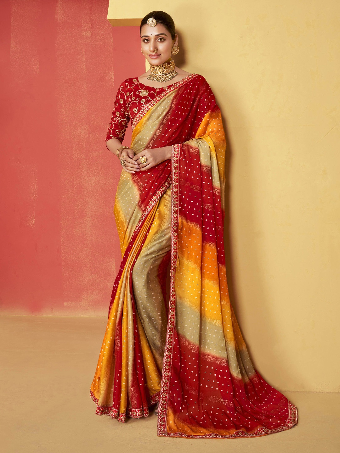 

KCPC BANDHANI Bandhani Embroidered Poly Chiffon Bandhani Saree, Red