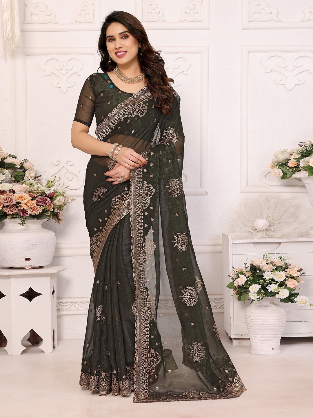 

Moda Rapido Embellished Embroidered Pure Silk Saree, Olive