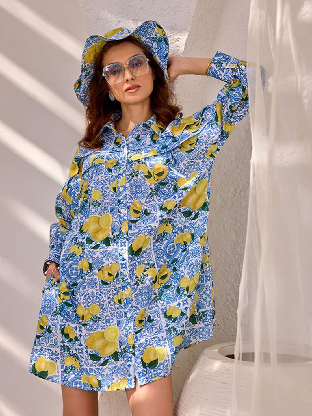 

HOUSE OF FETT Embellished Print Linen Mini Dress, Blue