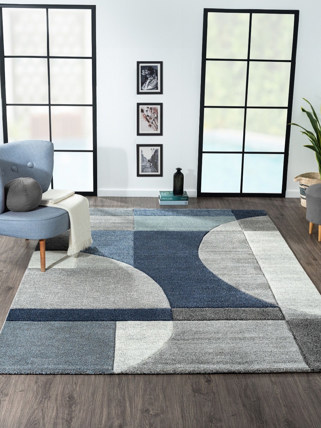 

OBSESSIONS Blue Geometric Anti-Skid Polypropylene Carpet