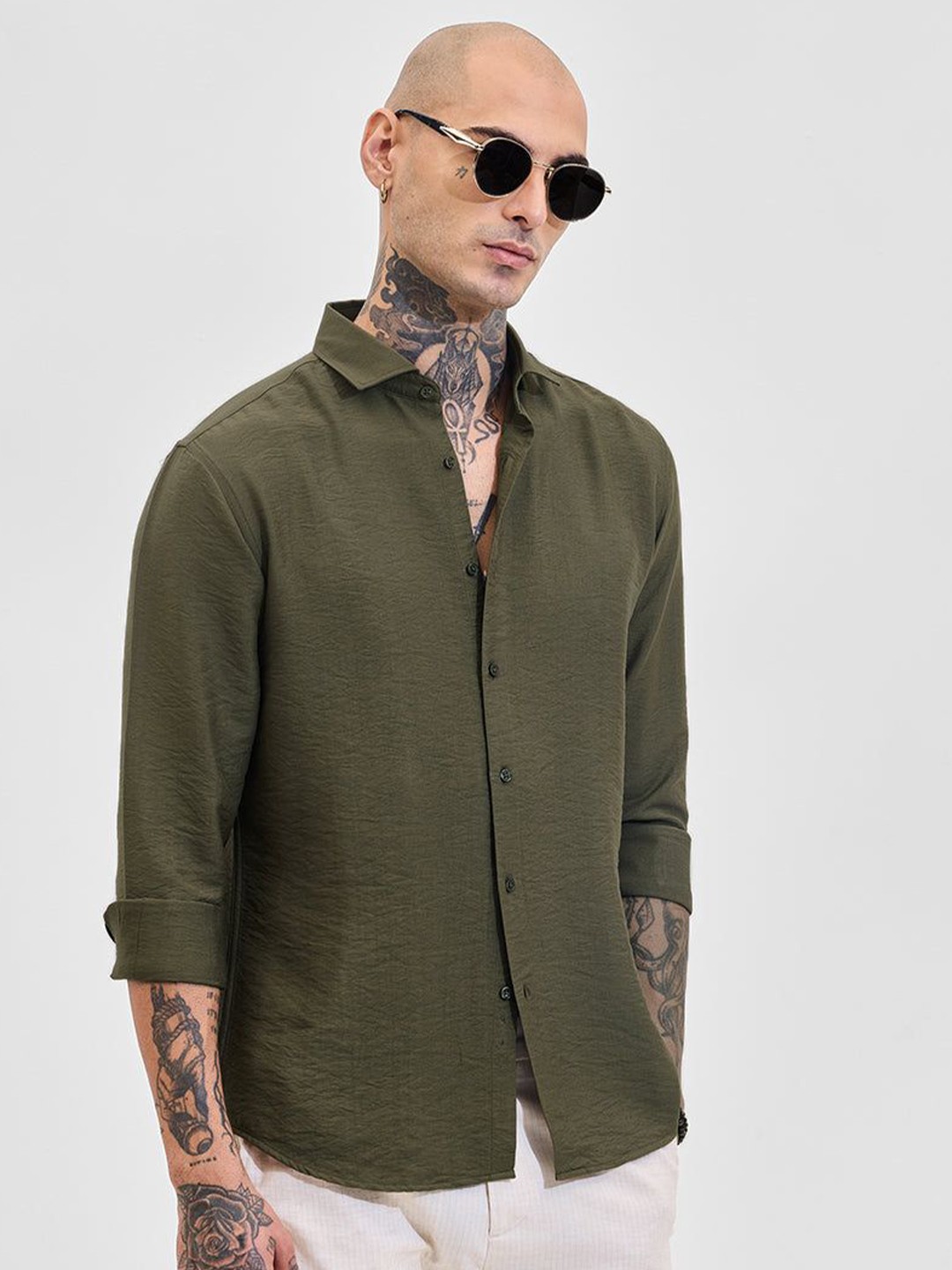 

Snitch Men Slim Fit Opaque Casual Shirt, Olive