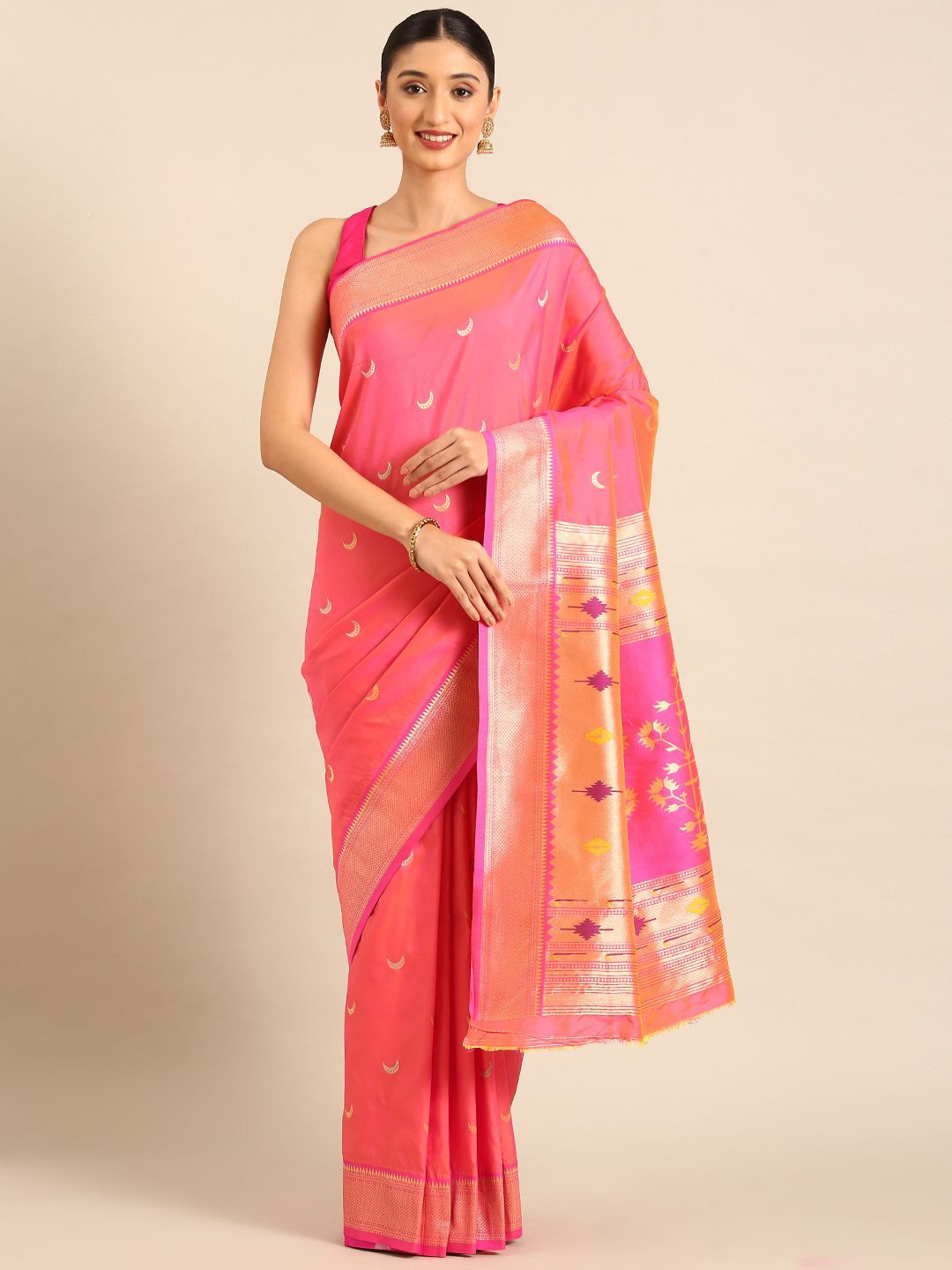 

DIVASTRI Woven Design Zari Silk Blend Designer Paithani Saree, Peach
