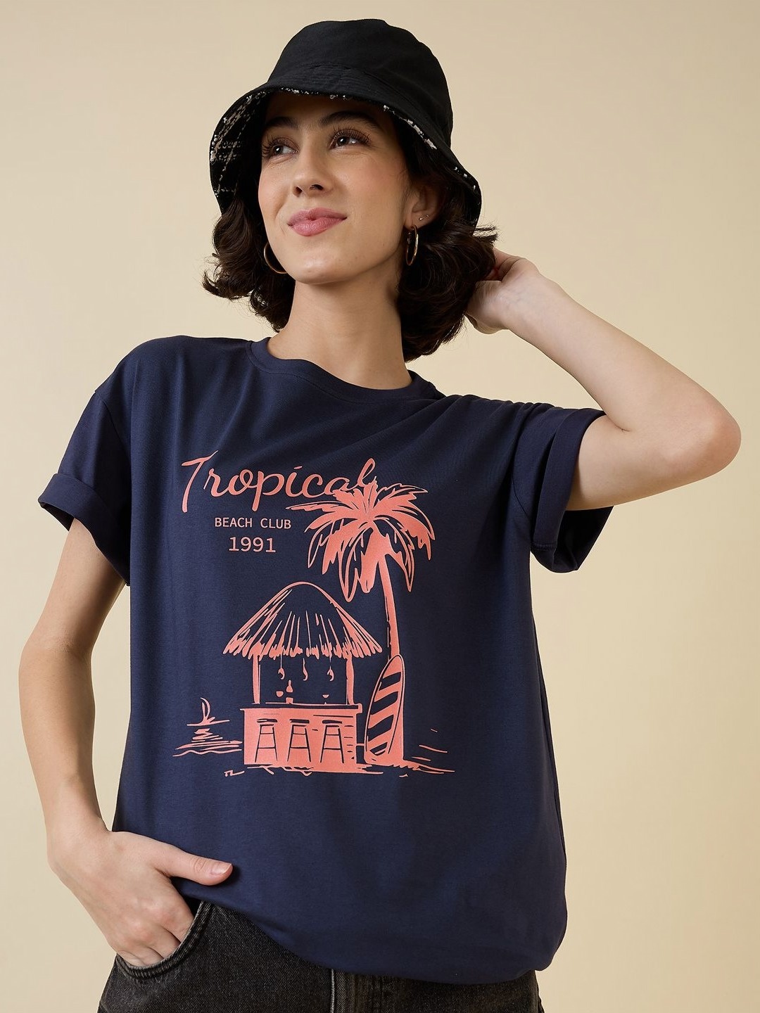 

Mast & Harbour Women Printed T-shirt, Navy blue