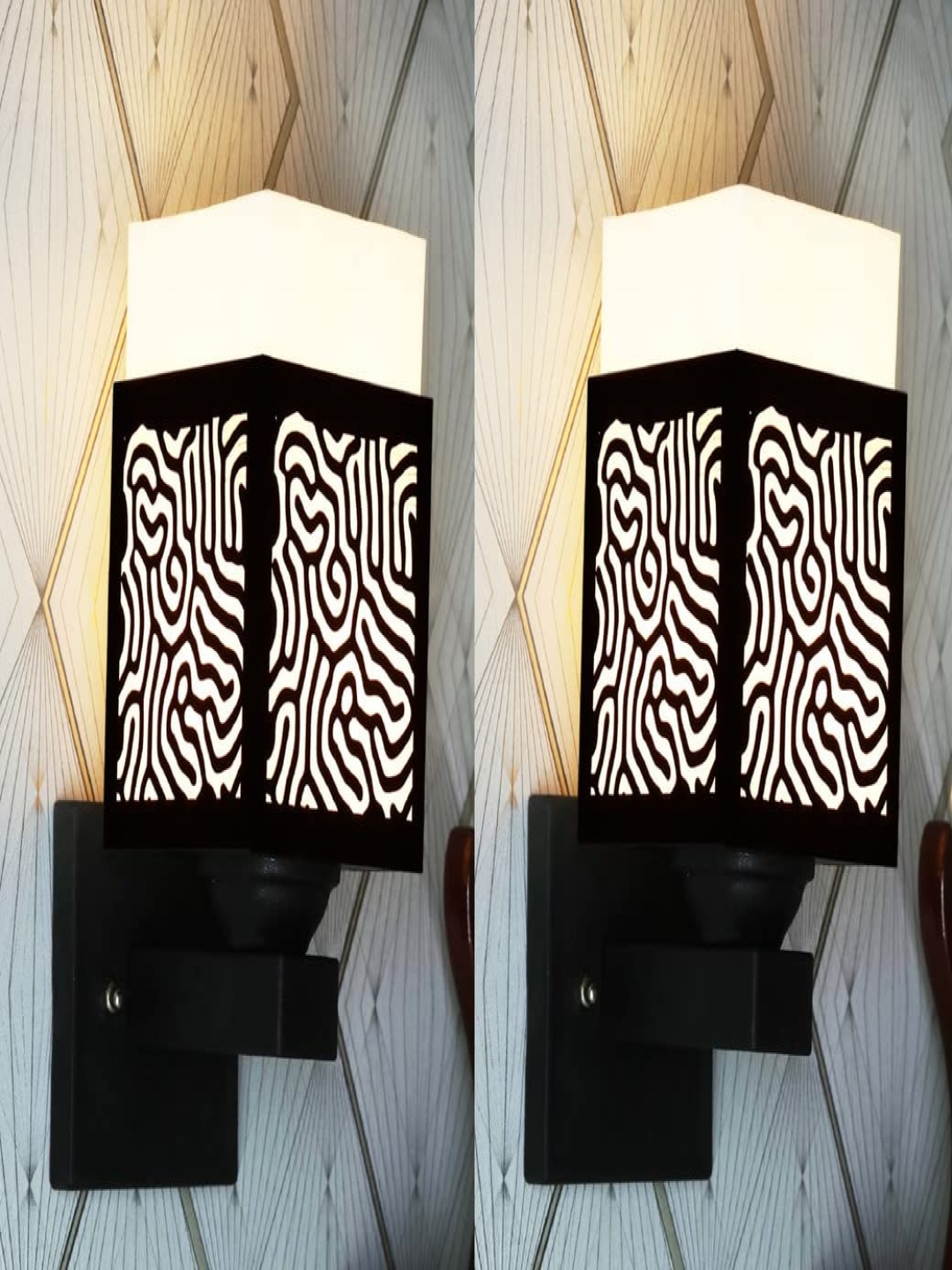 

Gojeeva Black & White 2 Pieces Textured Square Shaped Wooden Wall Lamps