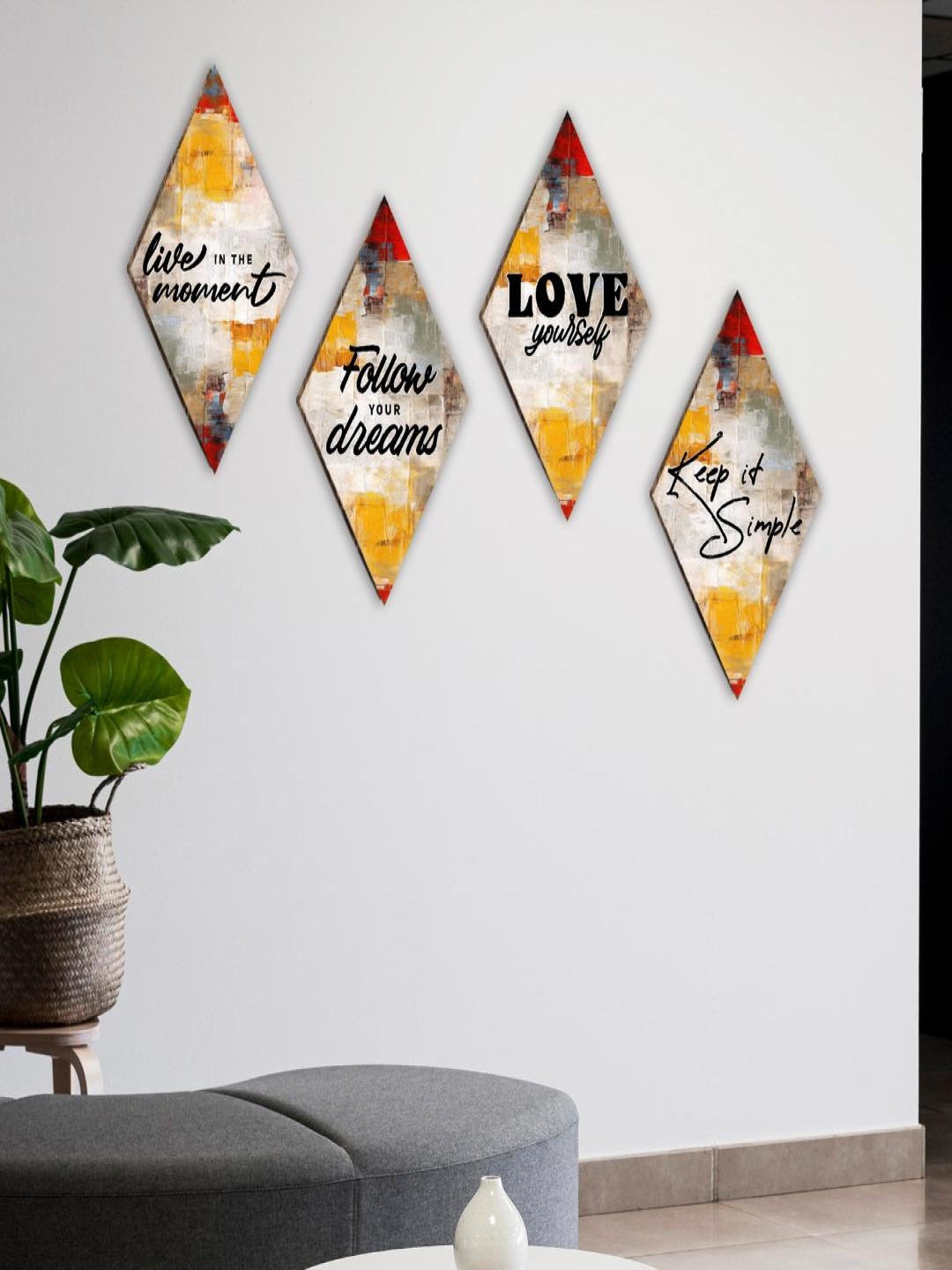

CVANU Yellow & White 4 Pieces Quotes Printed Wooden Wall Art