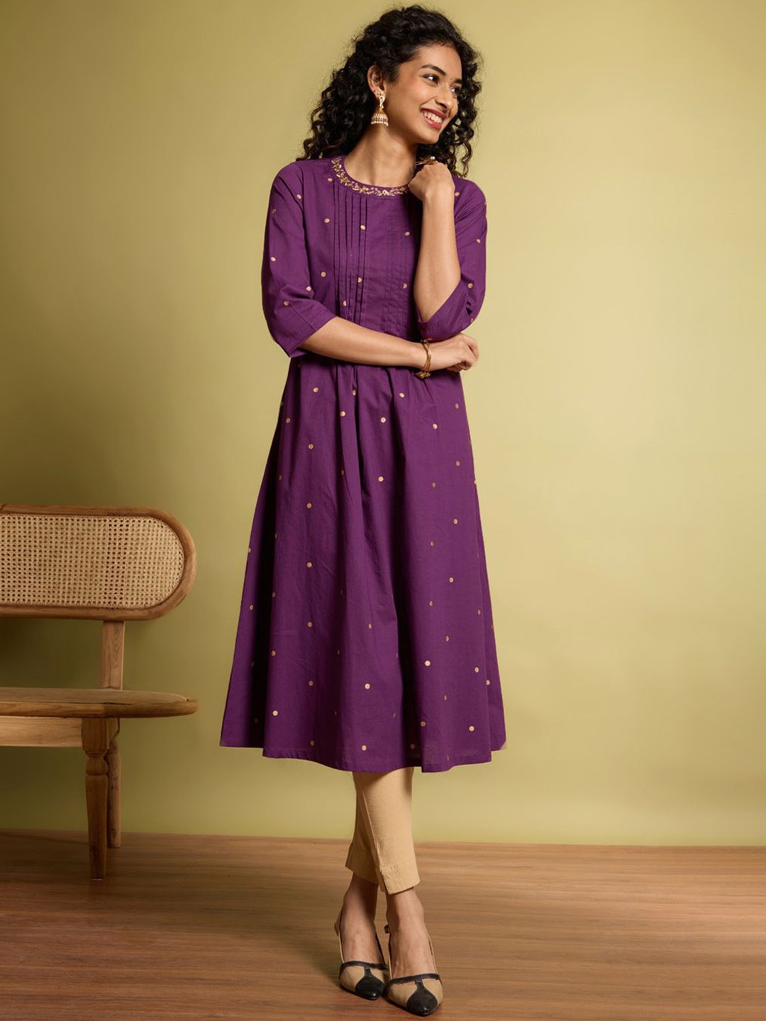 

Taneira Polka Dots Printed Cotton Round Neck A-line Kurta, Purple