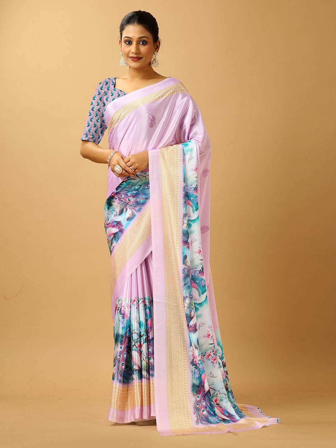 

VIRENDRA TEXTILES Floral Pure Crepe Saree, Pink