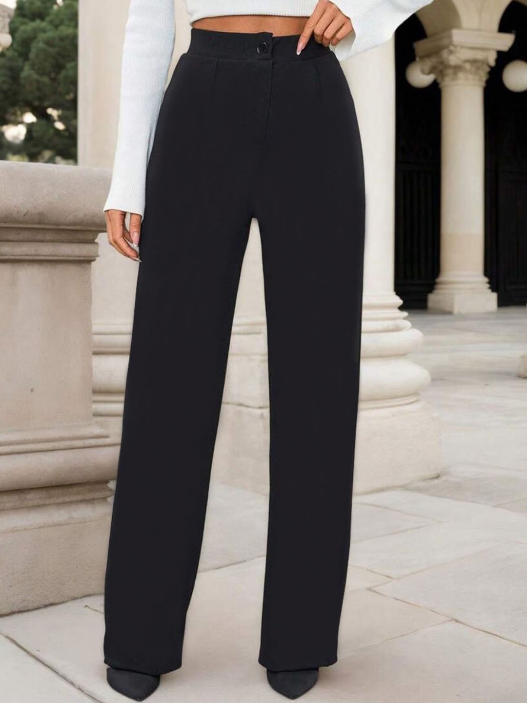 

BAESD Women Relaxed Straight Leg Fit High-Rise Formal Trousers, Black