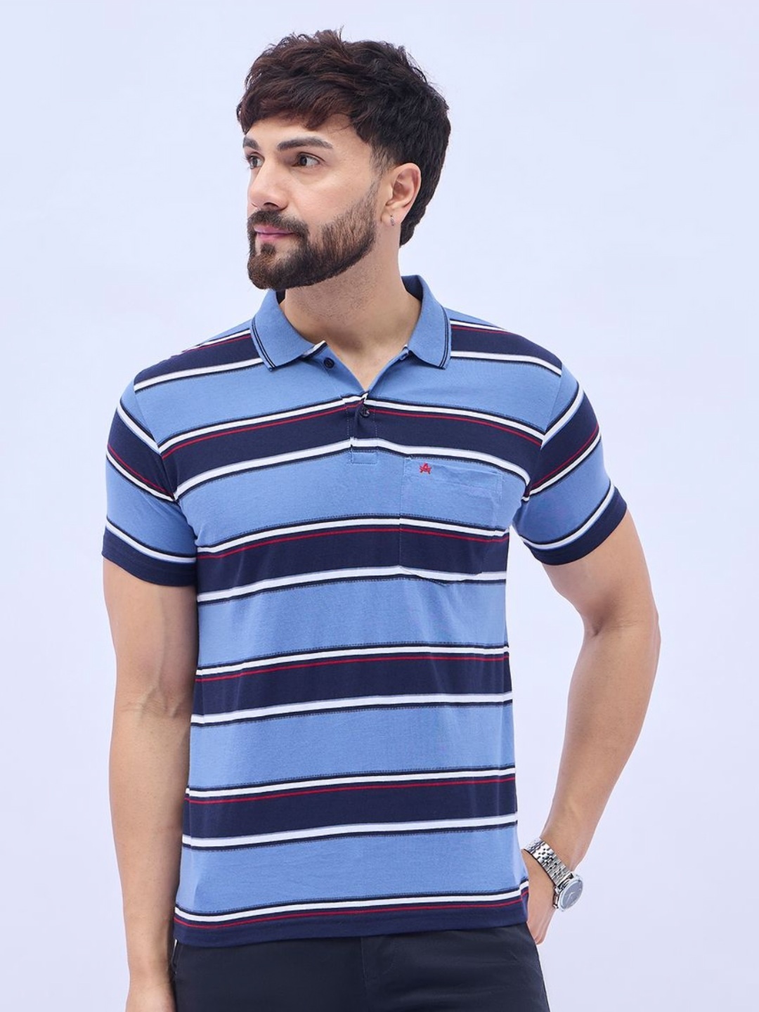 

ARRAY Men Brand Logo Printed Polo Collar T-shirt, Navy blue