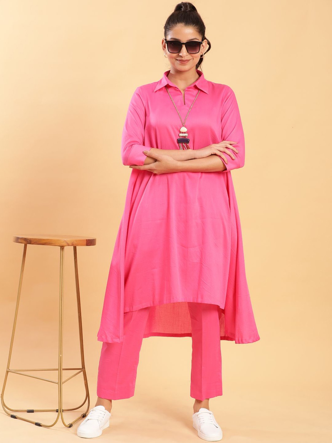 

BohoJazz Pure Cotton Co-ord Set with Flared Longline Top, Pink