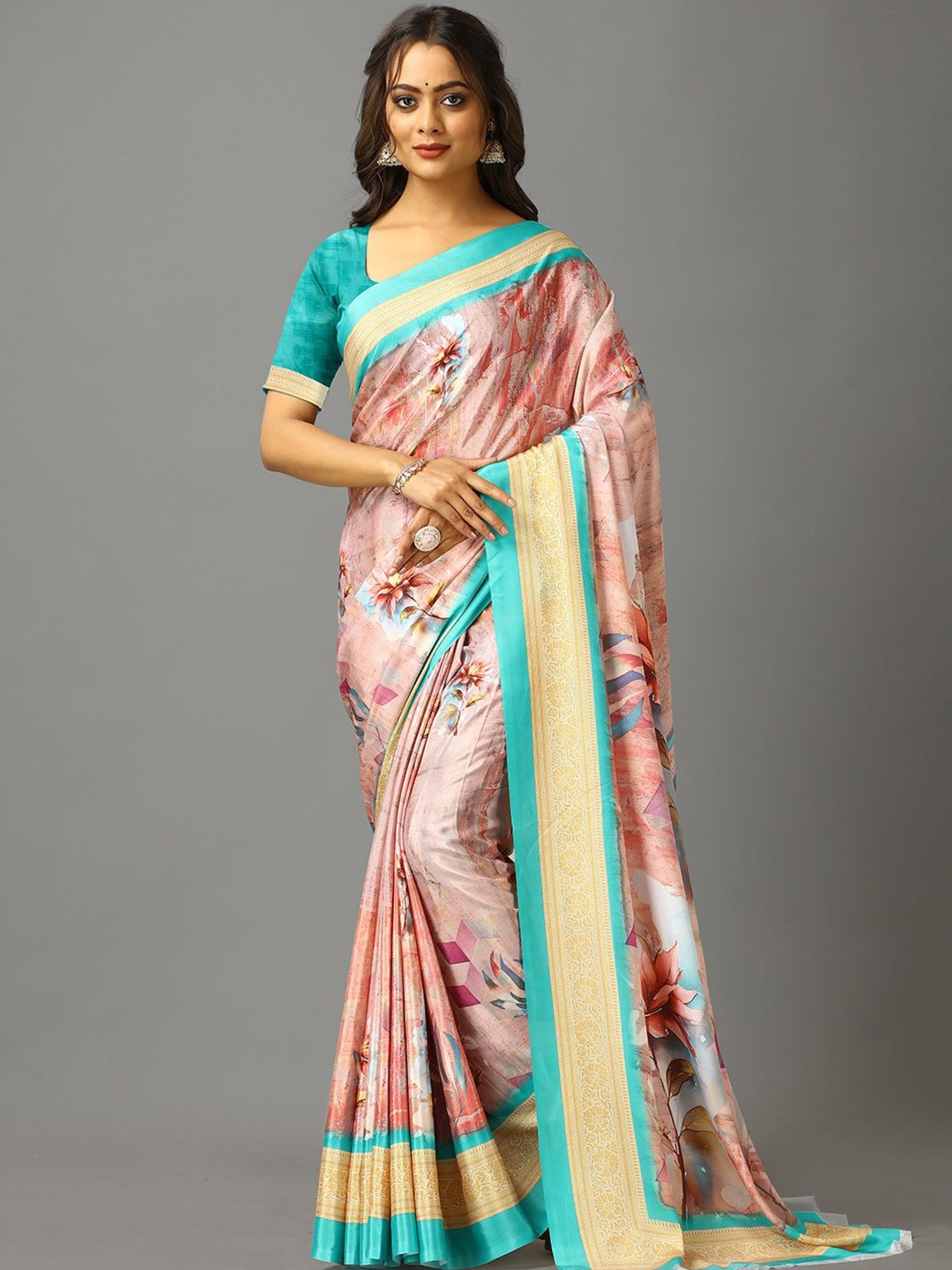 

VIRENDRA TEXTILES Floral Pure Crepe Saree, Turquoise blue