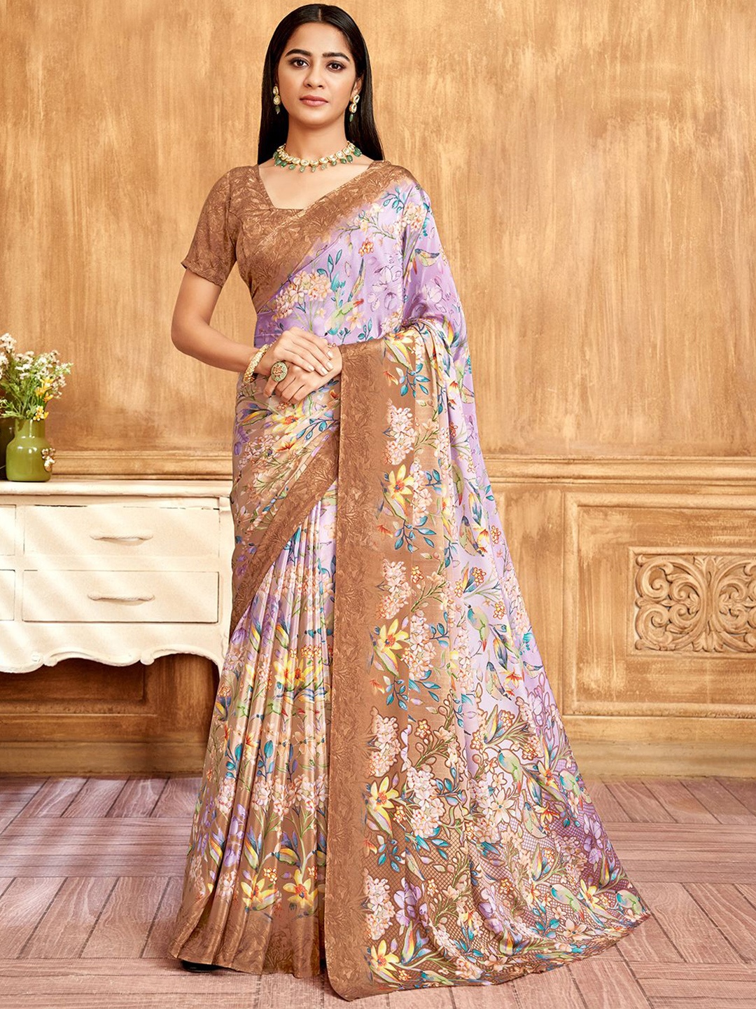 

LeeliPeeri Designer Floral Poly Crepe Saree, Brown