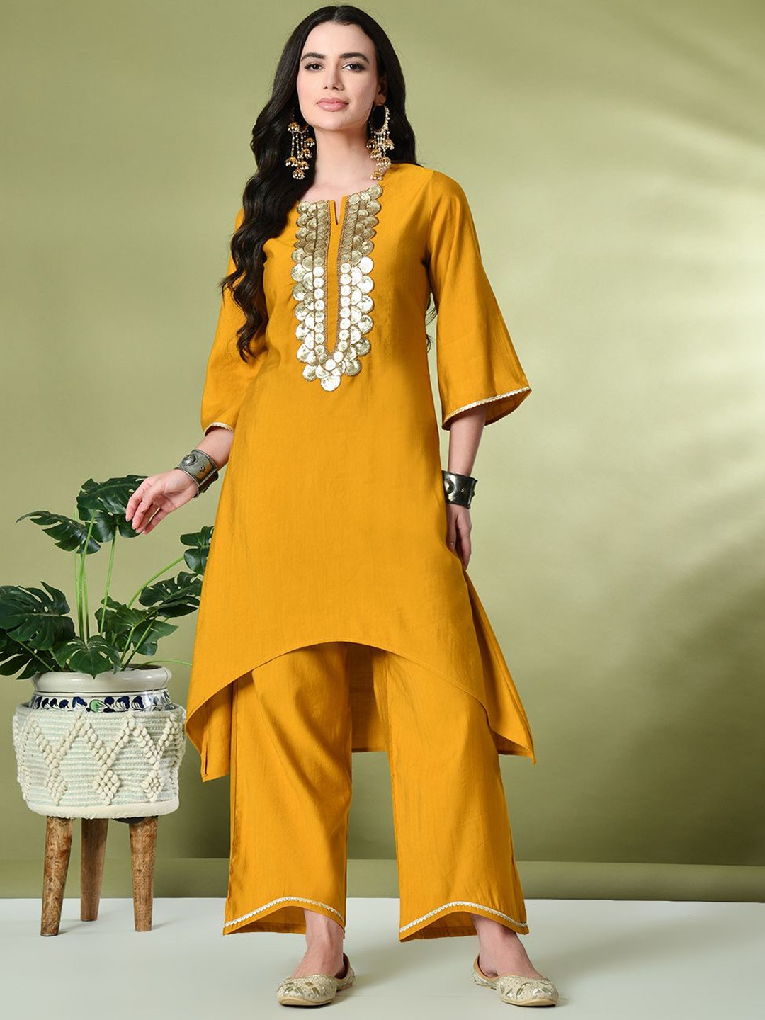 

KALINI Geometric Sequinned Embroidered Round Neck A-Line Kurta with Palazzos, Mustard