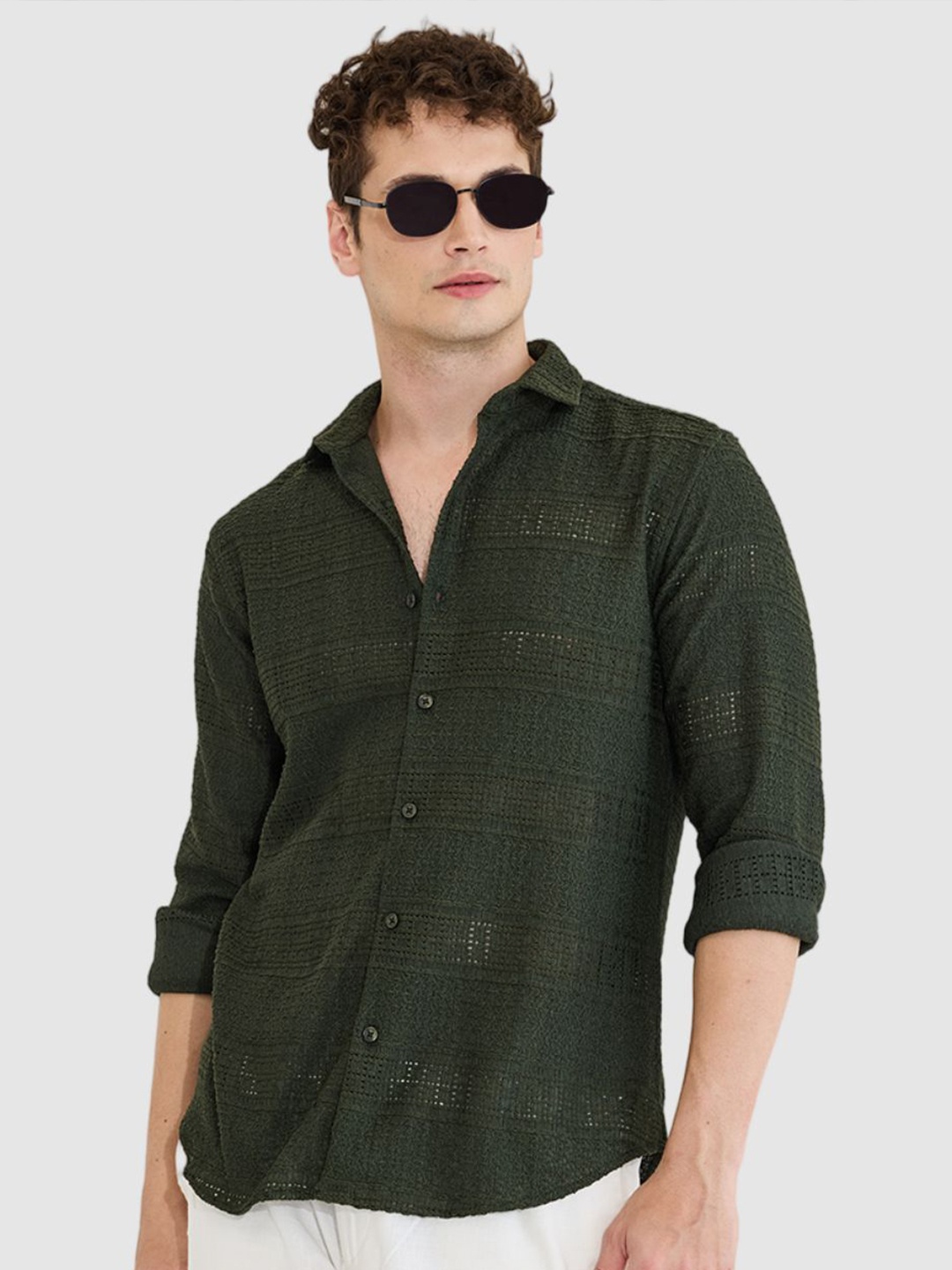

Snitch Men Smart Slim Fit Semi Sheer Casual Shirt, Green