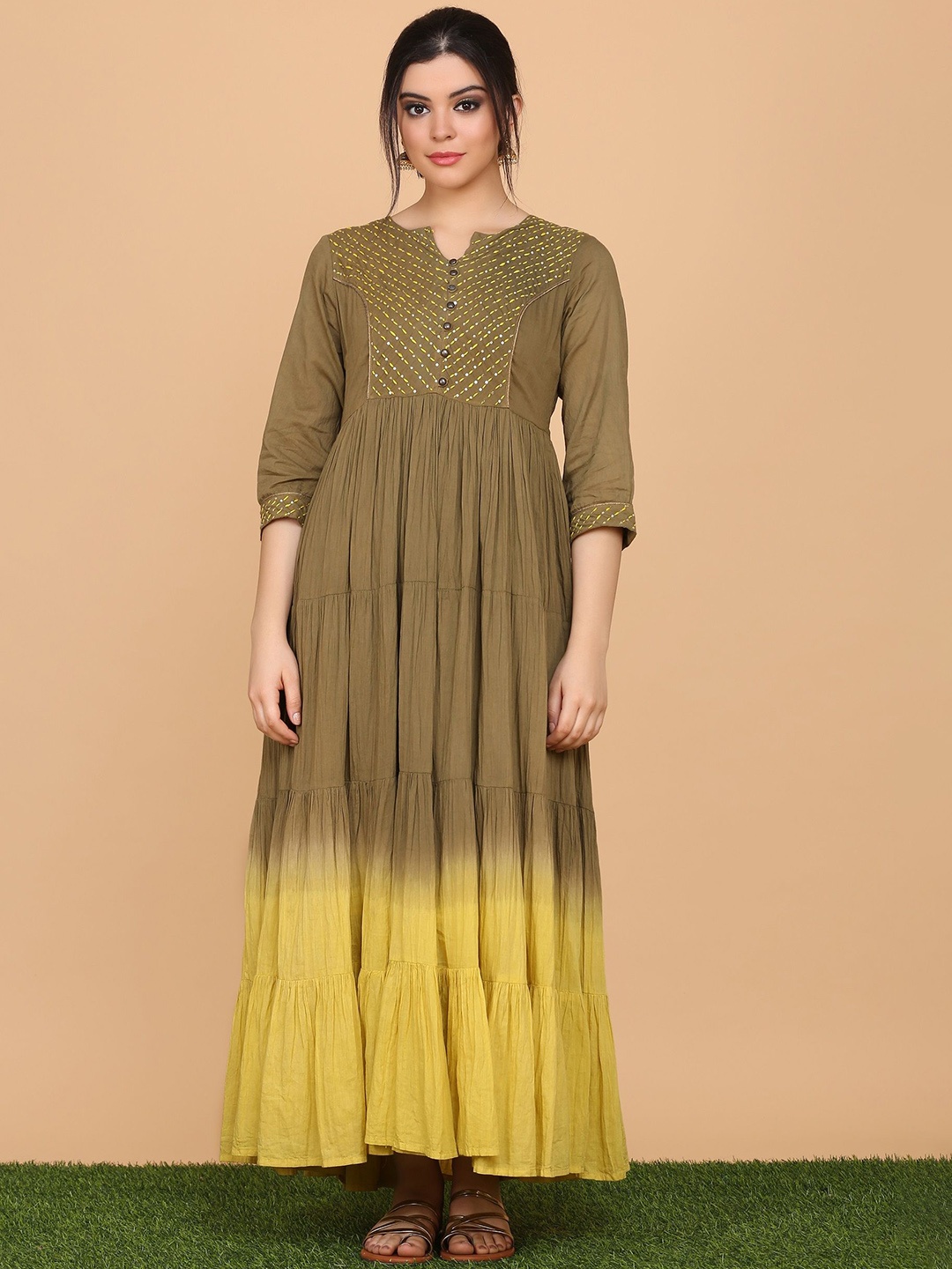 

HRITIKA Embellished Notch Neck Sequinned Tiered Pure Cotton Fit and Flare Dress, Green