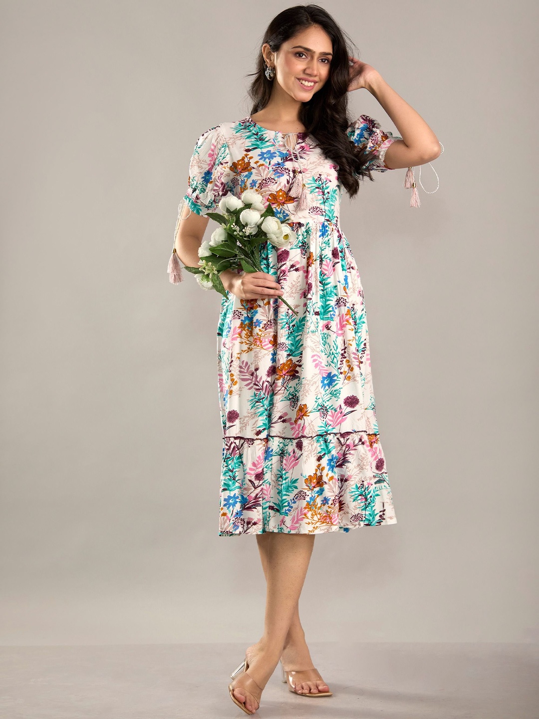 

FASHION MIRROR Floral Print A-Line Dress, White