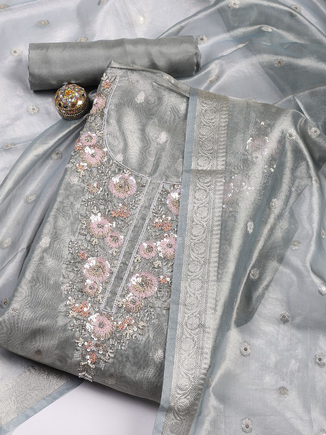 

Meena Bazaar Floral Embellished Unstitched Dress Material, Grey