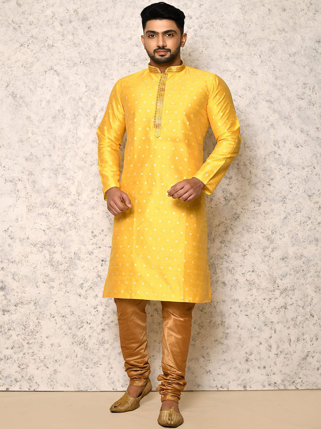 

RANAK Bandhani Woven Design Mandarin Collar Kurta, Yellow