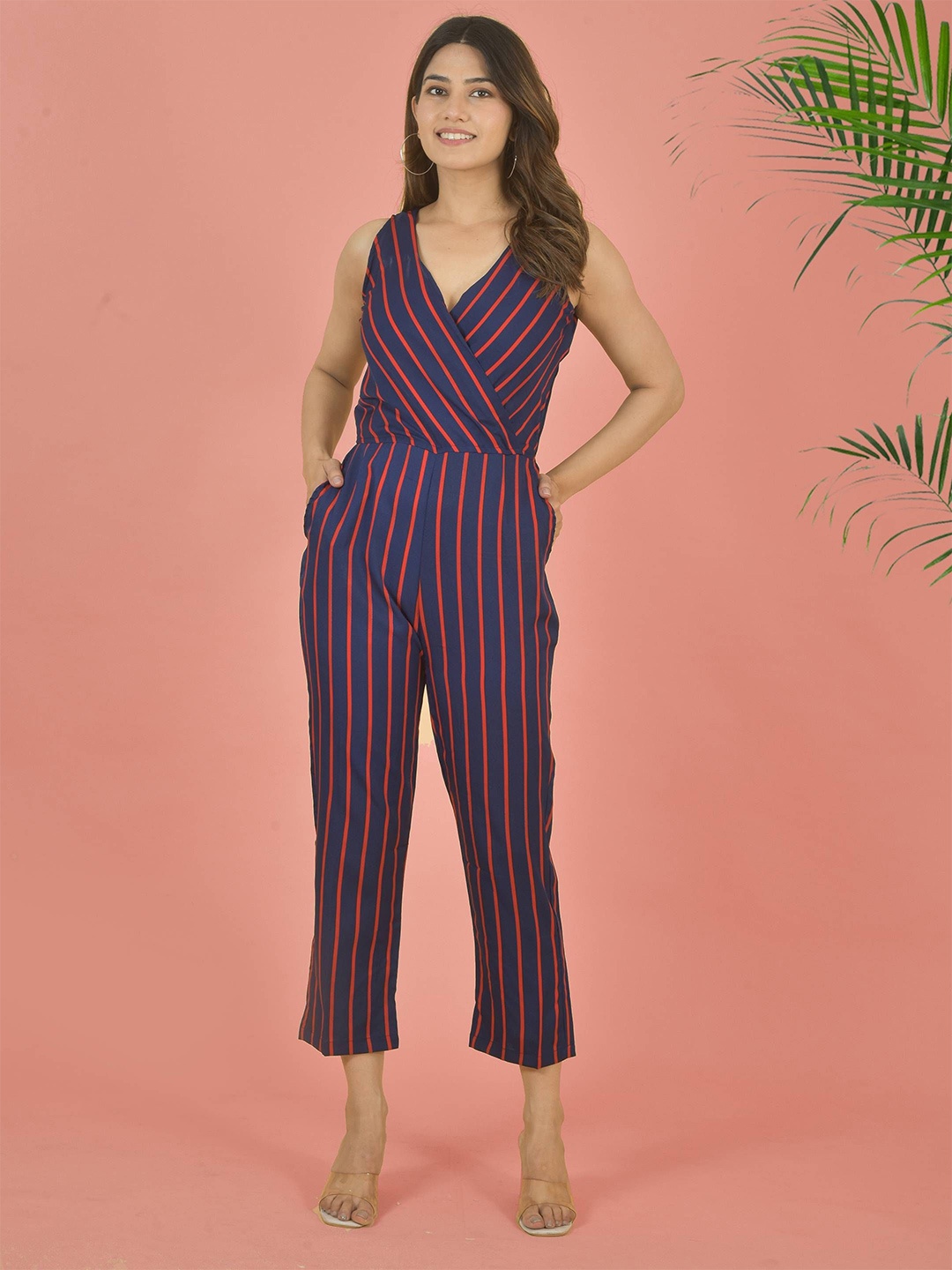 

LA FEMINAE Striped Basic Jumpsuit, Blue