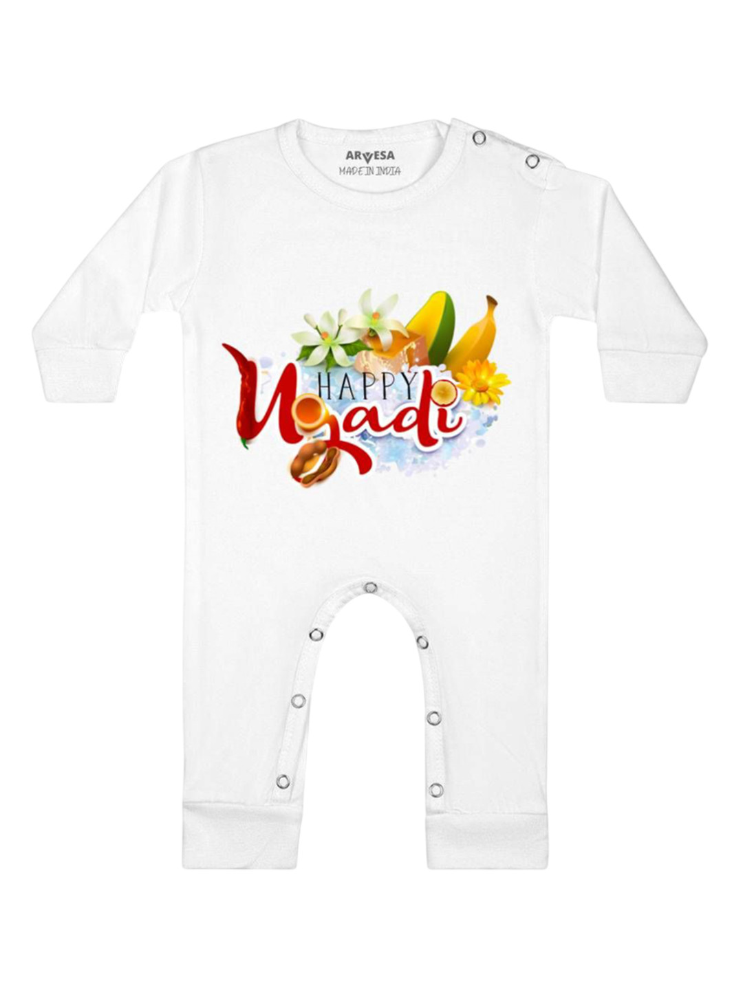 

Arvesa Happy Ugadi Printed Baby Romper, White