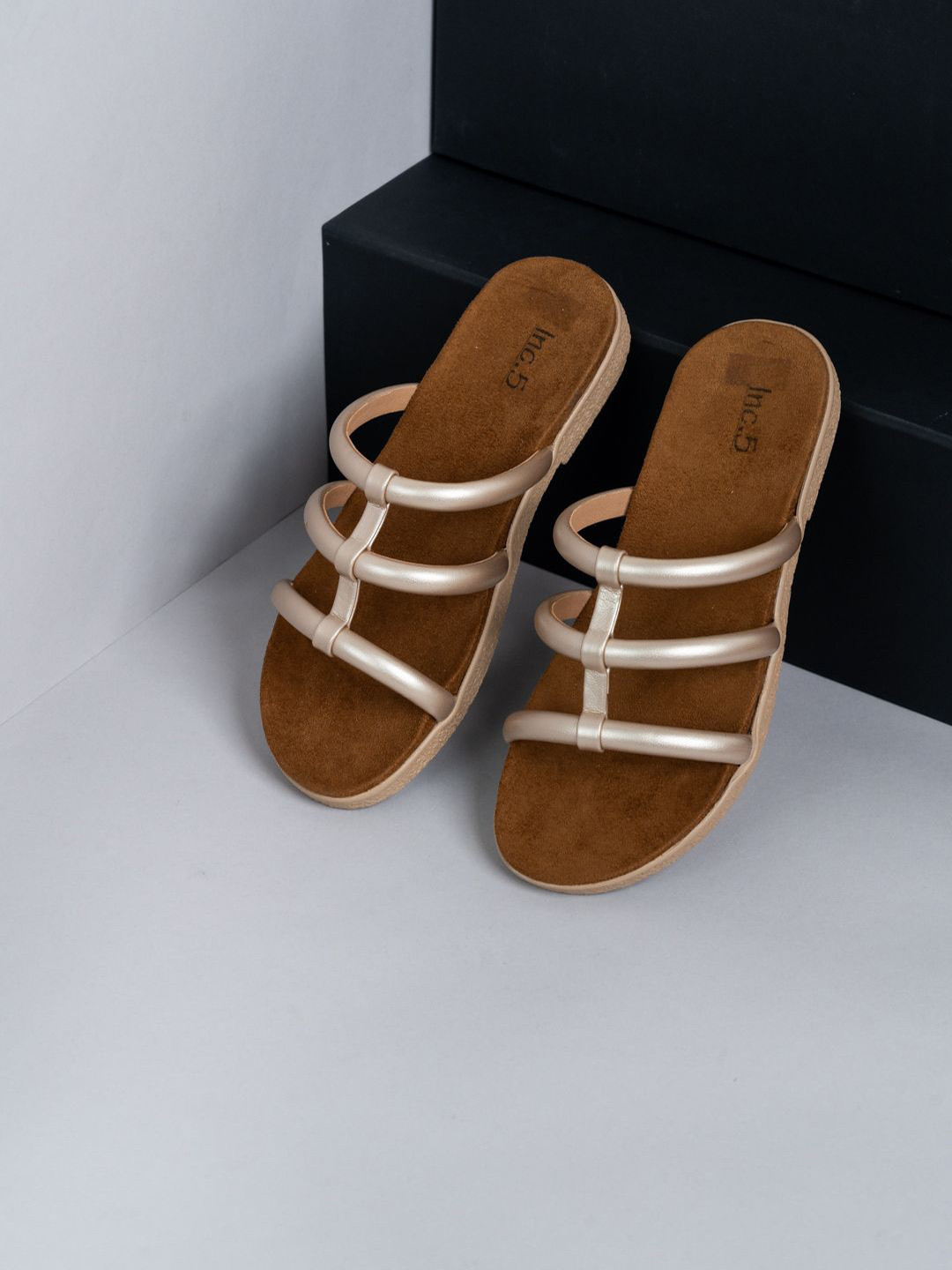 

Inc 5 Women Striped Open Toe Flats, Gold