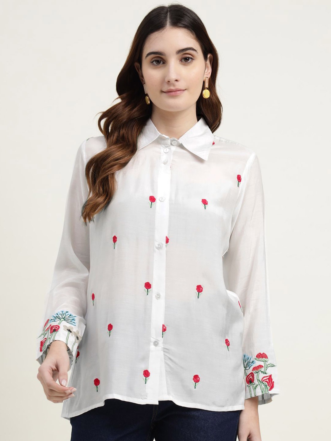 

ZARI Floral Embroidered Casual Shirt, White