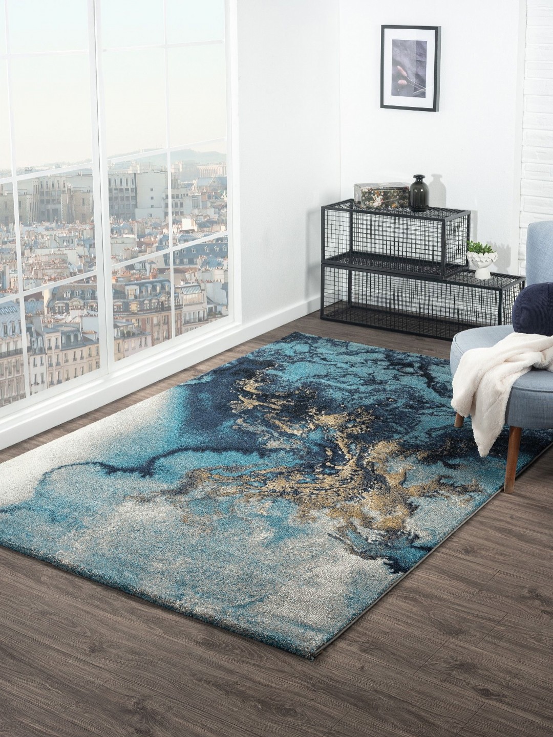 

OBSESSIONS Blue And Grey Abstract Anti-Skid Polypropylene Carpet