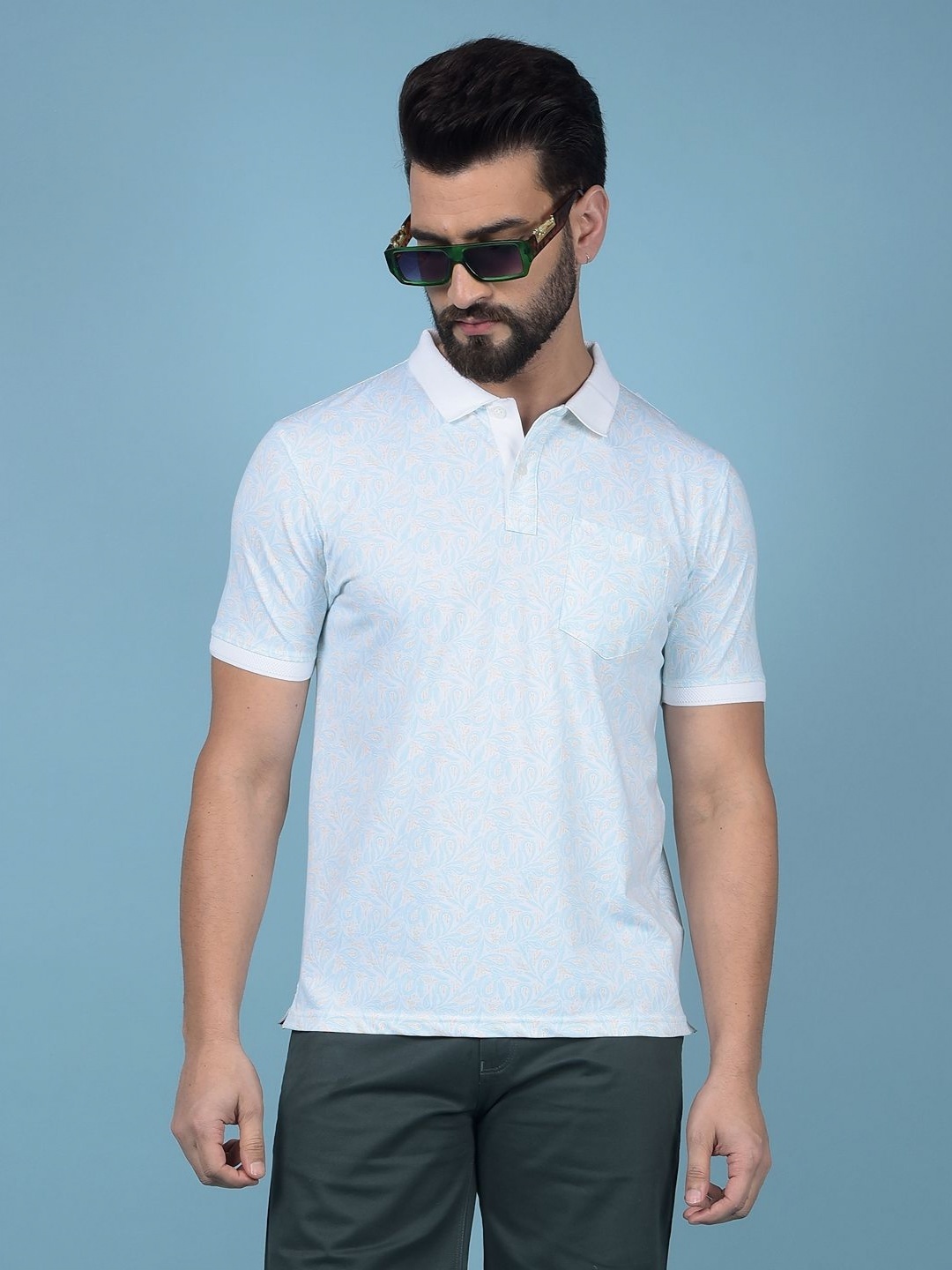 

Crimsoune Club Men Printed Polo Collar Raw Edge Slim Fit T-shirt, Blue