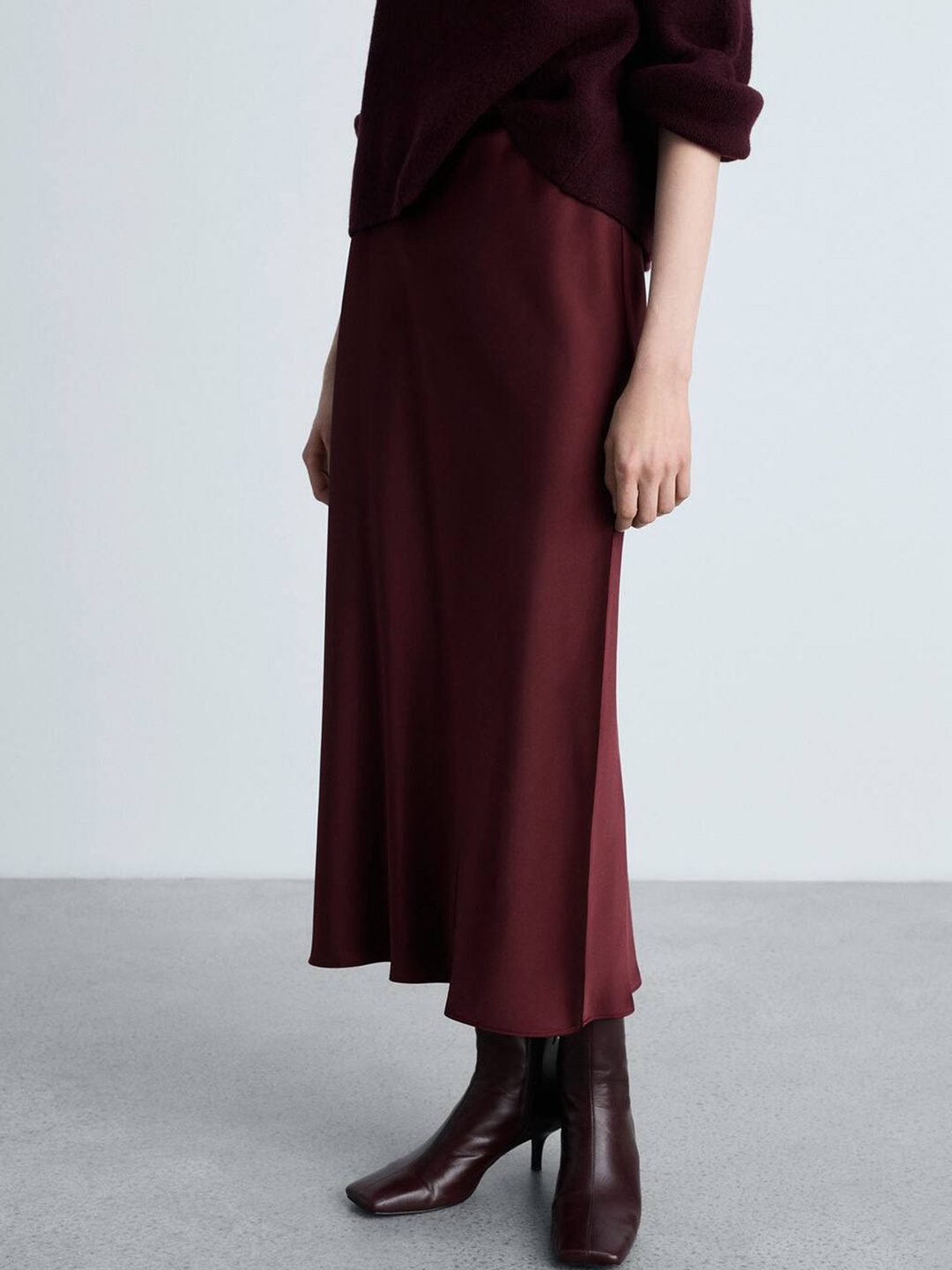 

MANGO Flowy Satin Midi A-Line Skirt, Burgundy