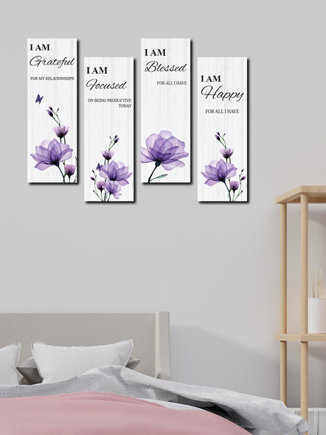 

CVANU Purple & White 4 Pieces Floral Printed Wooden Wall Art
