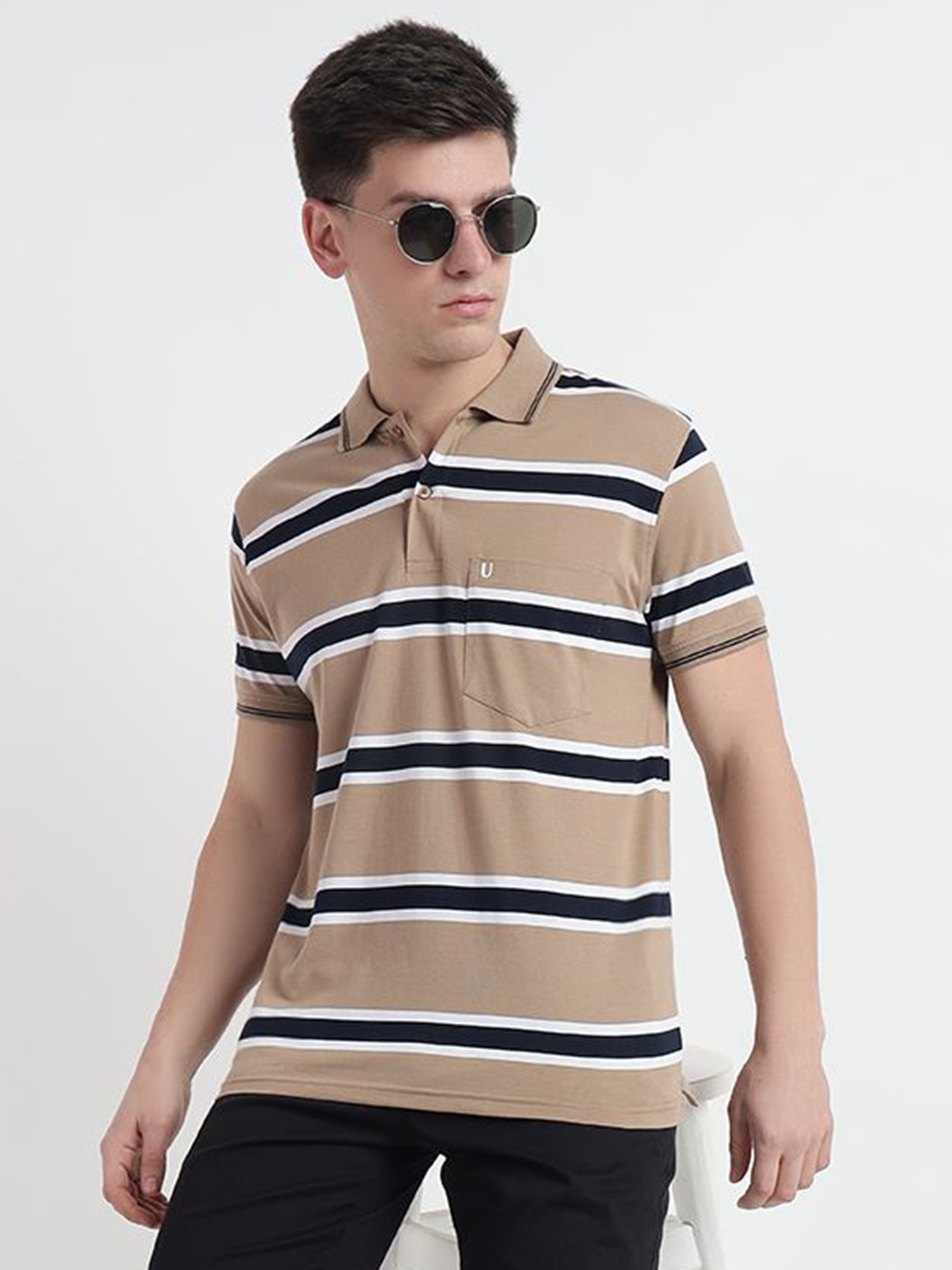 

UNIBERRY Men Striped Polo Collar T-shirt, Beige