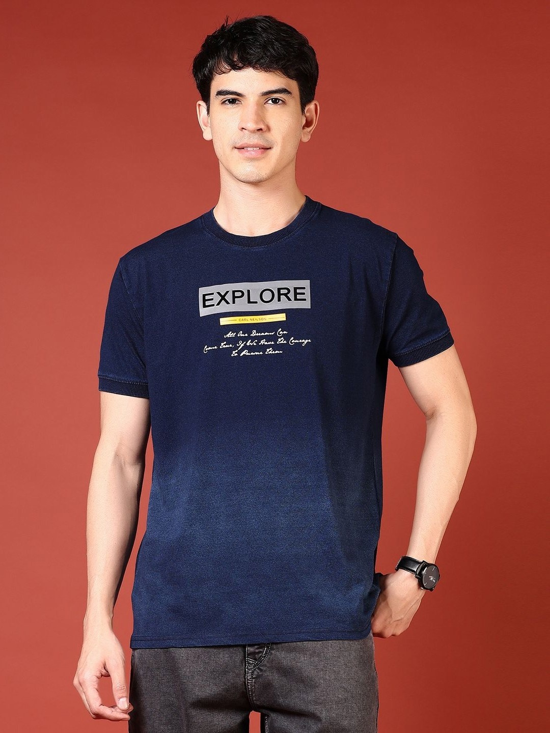 

V-Mart Men Typography Printed Applique T-shirt, Blue