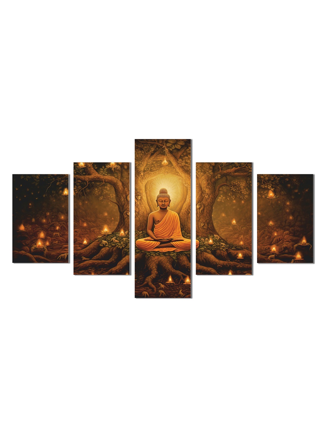 

CVANU Brown & Gold Toned 5 Pieces Lord Buddha Wooden Wall Paintings