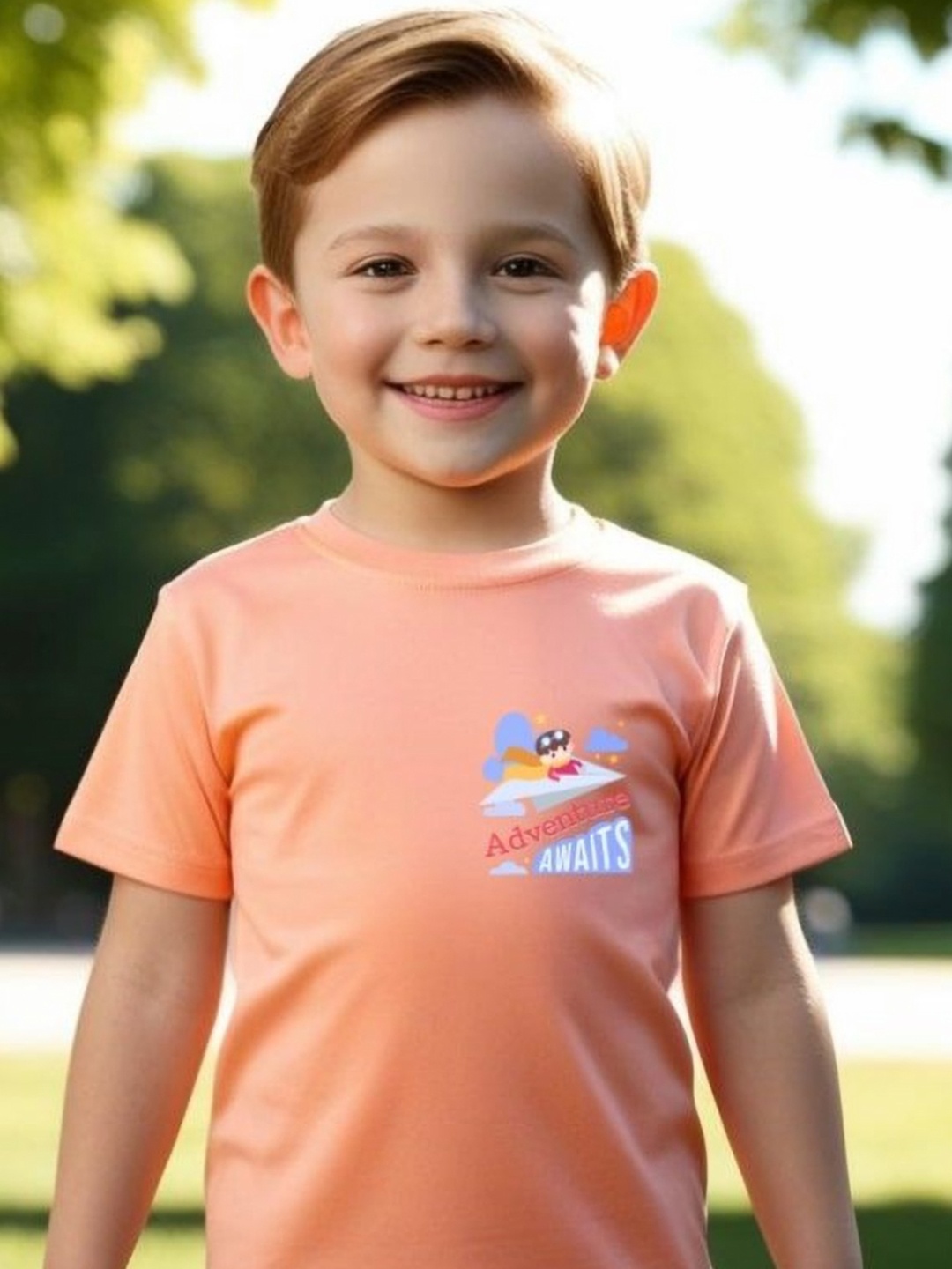 

Piku Store Boys Printed Applique T-shirt, Peach