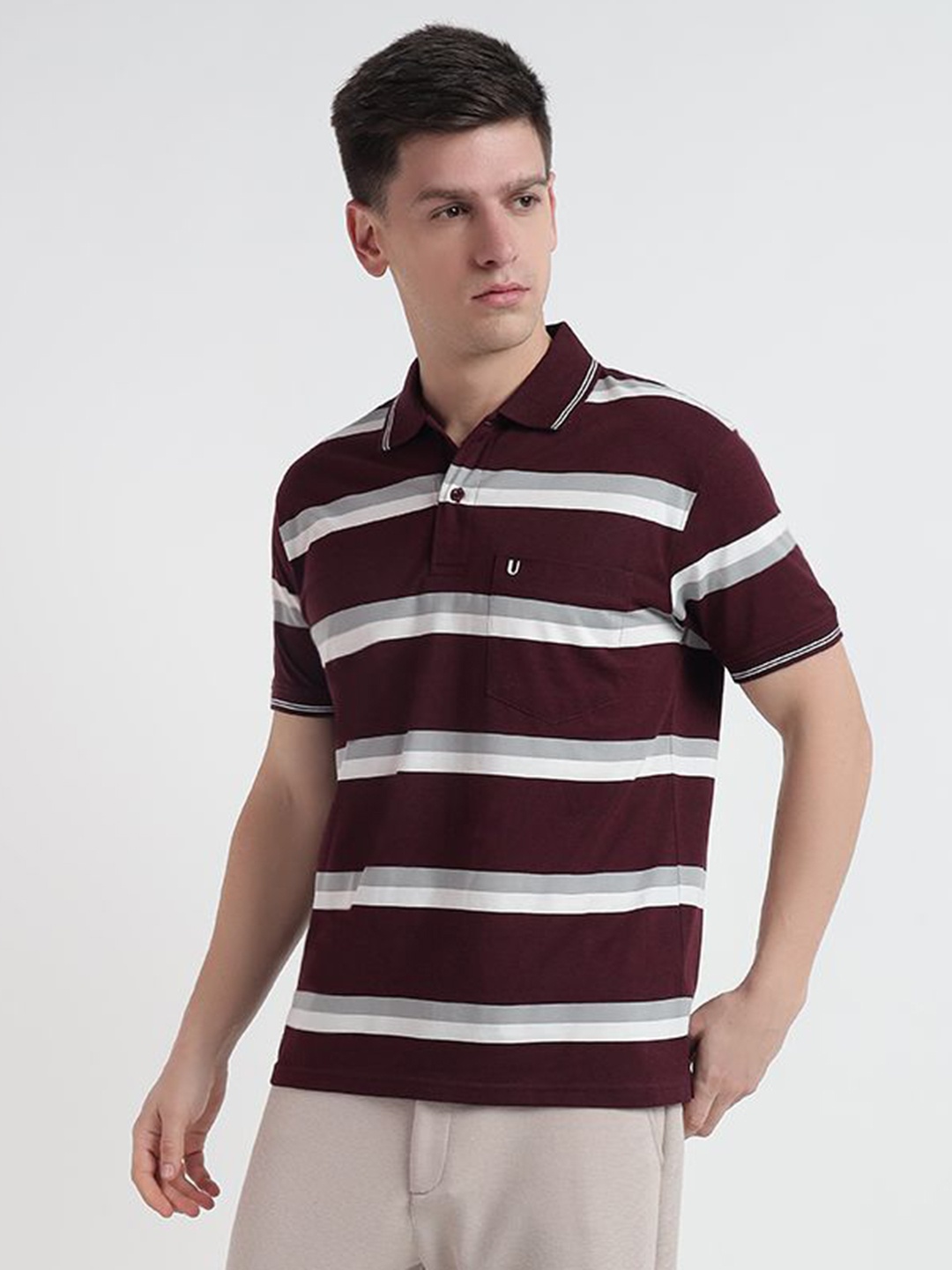 

UNIBERRY Men Striped Polo Collar T-shirt, Maroon