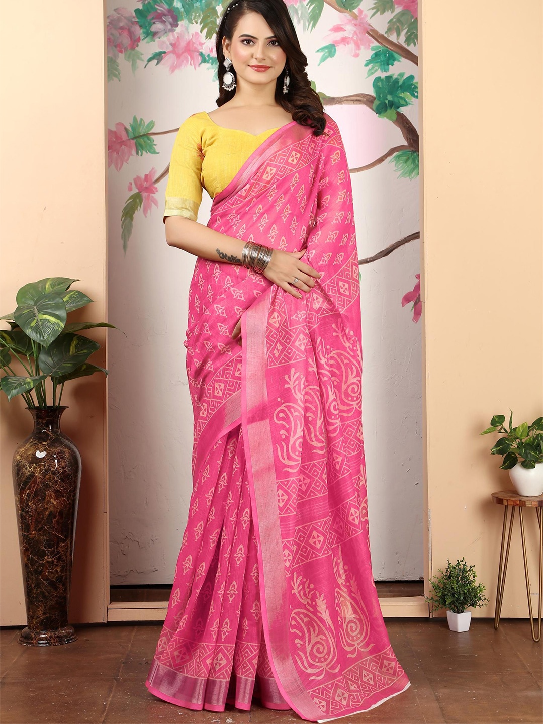 

Quelea Floral Zari Linen Blend Khadi Saree, Pink