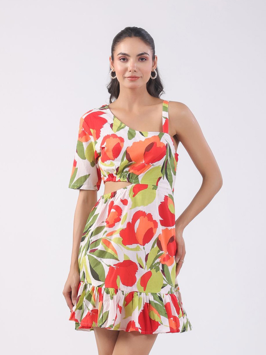 

JISORA Women's Multicoloured Printed One Shoulder Pure Cotton Dress, Green