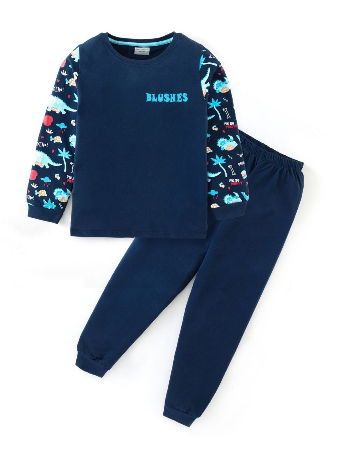 

BLUSHES Kids Printed Round Neck Pure Cotton T-Shirt With Jogger, Navy blue