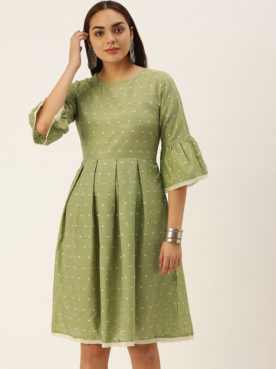 

HRITIKA Geometric Self Design Bell Sleeves Silk Fit and Flare Dress, Green