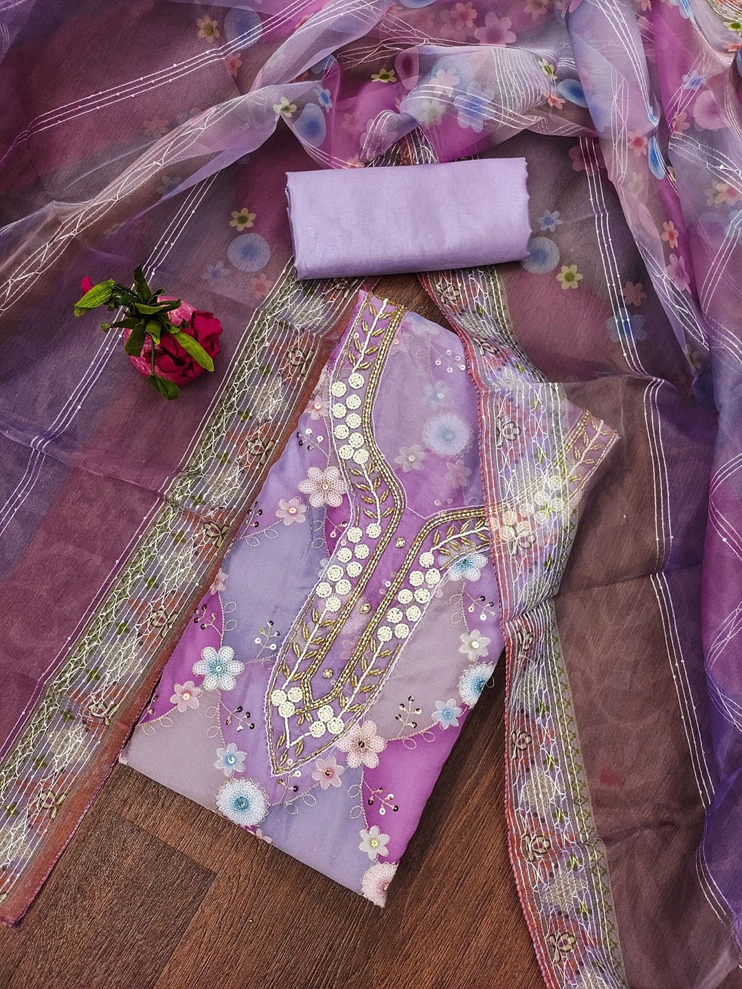 

Rangtulika Floral Embroidered Beads And Stones Organza Unstitched Dress Material, Purple
